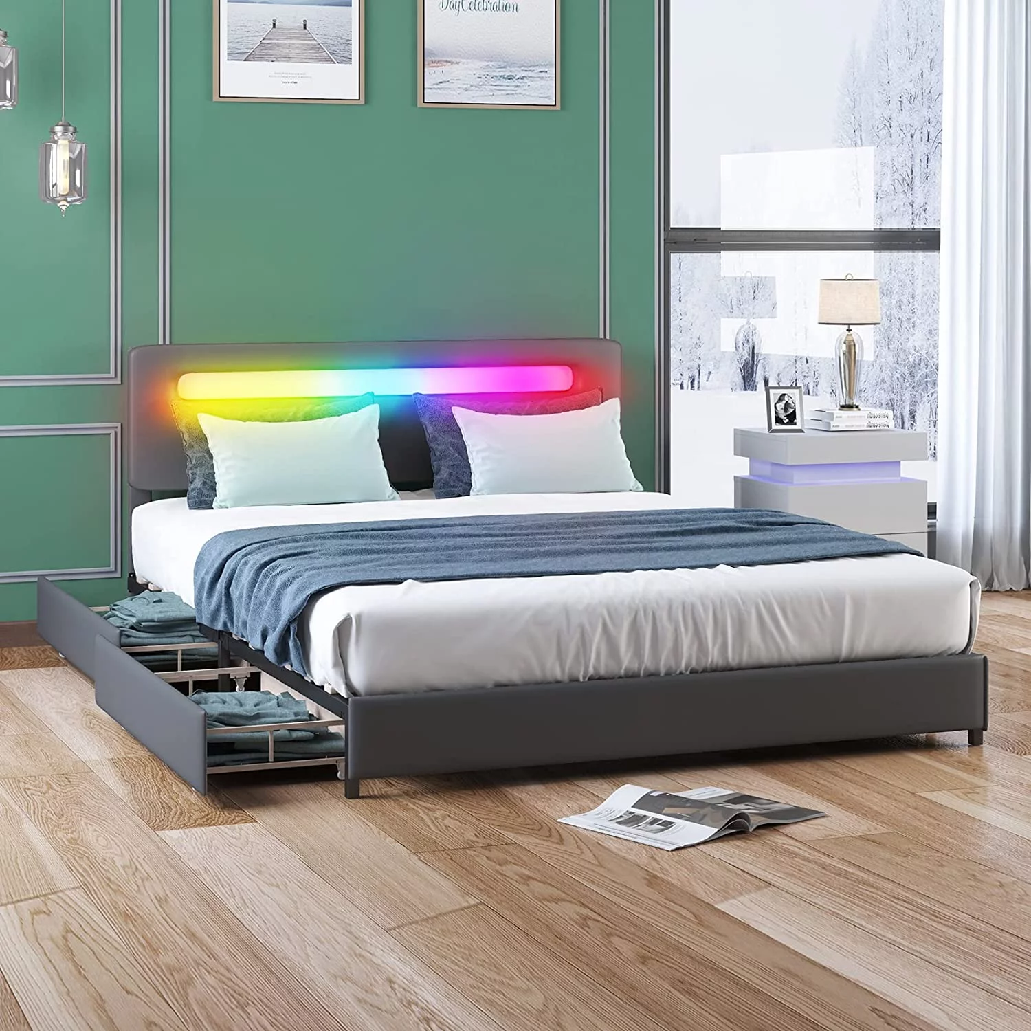 Mixoy King Size Bed Frame with 4 Storage Drawers, RGB LED King Bed Frame with Headboard, Platform Bed Frame King No Box Spring Needed,Easy Assembly (King,Grey)