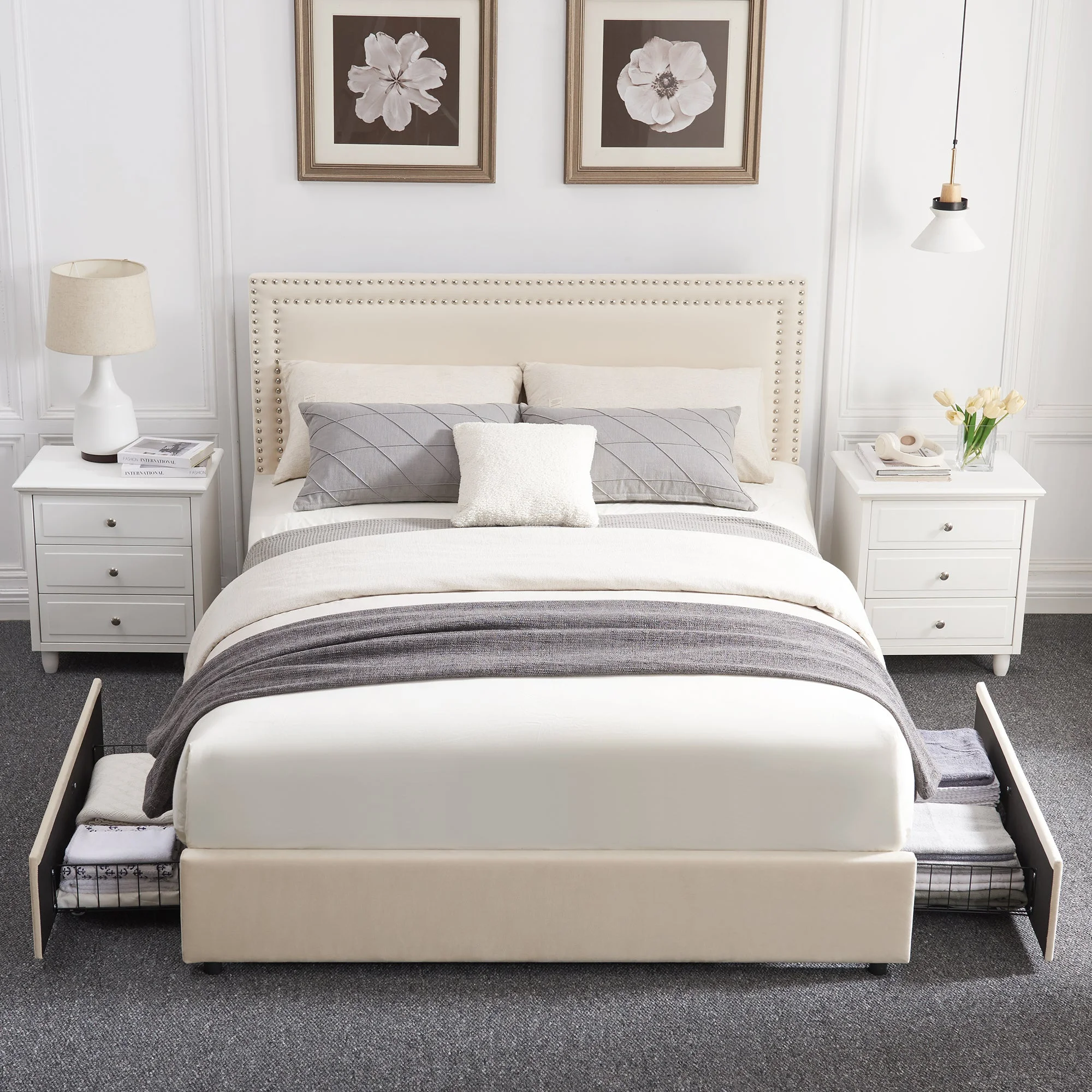 VECELO Full Bed Frame with 4 Storage Drawers (Wheeled) and Tufted Upholstered Adjustable Headboard Platform Bed, Beige