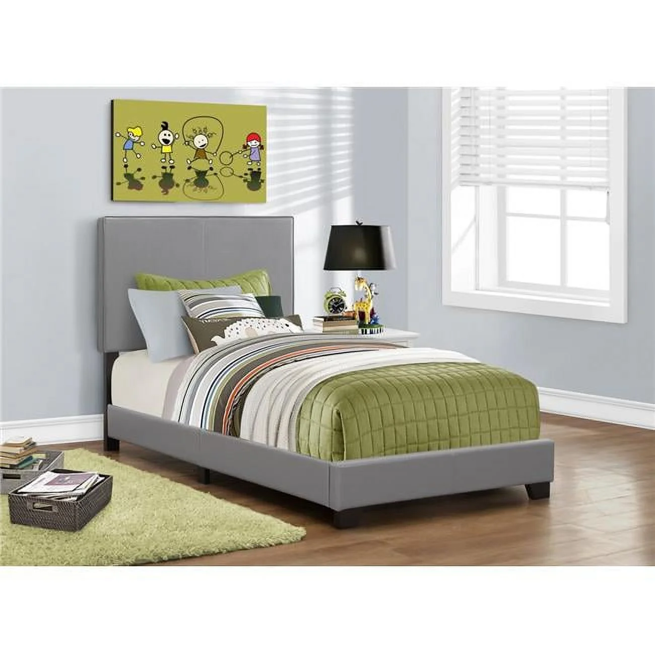 Monarch Specialties Leather Look Bed - Grey, Twin Size