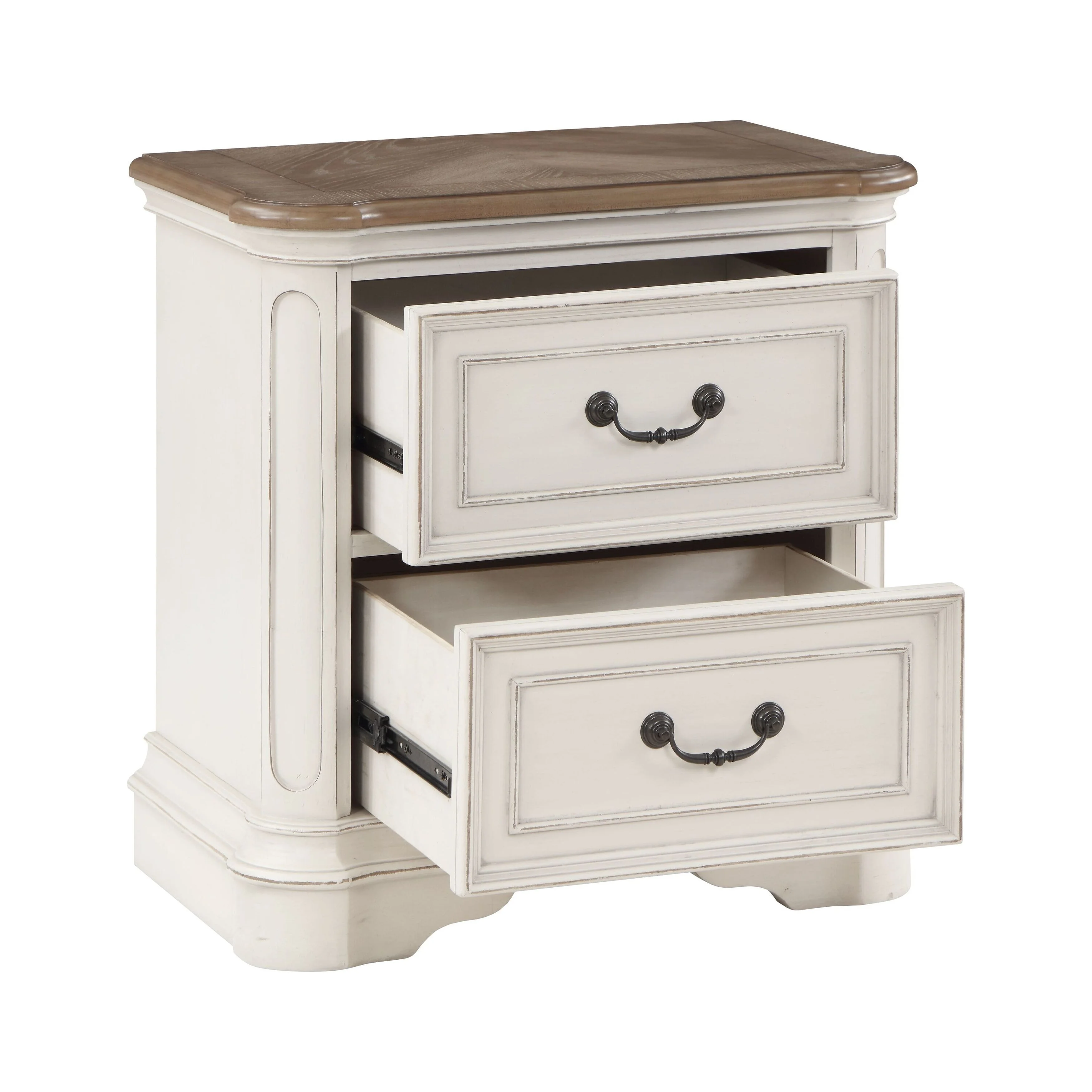 Gray Fabric & Antique White Finish Transitional Nightstand with Upholstered Headboard, Panel Footboard, and Wooden Legs
