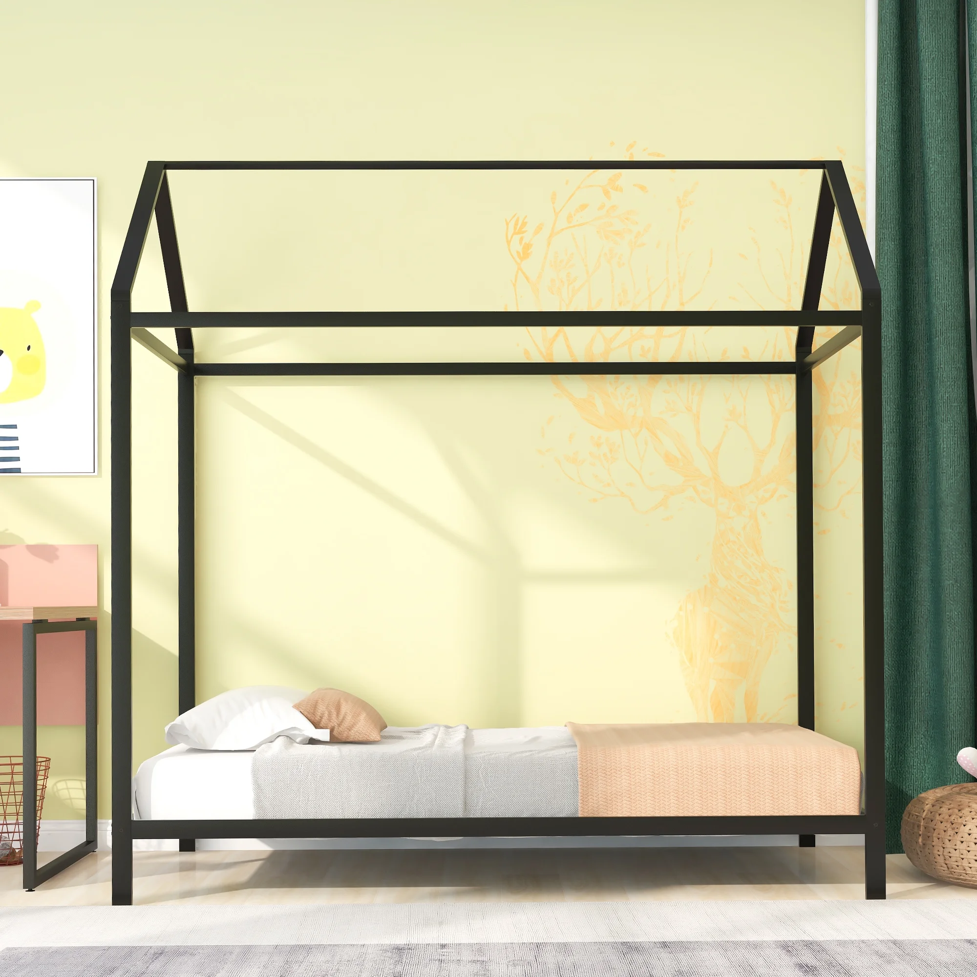 CoSoTower House Bed Frame Twin Size, Kids Bed Frame Metal Platform Bed Floor Bed For Kids Boys Girls No Box Spring Needed Black