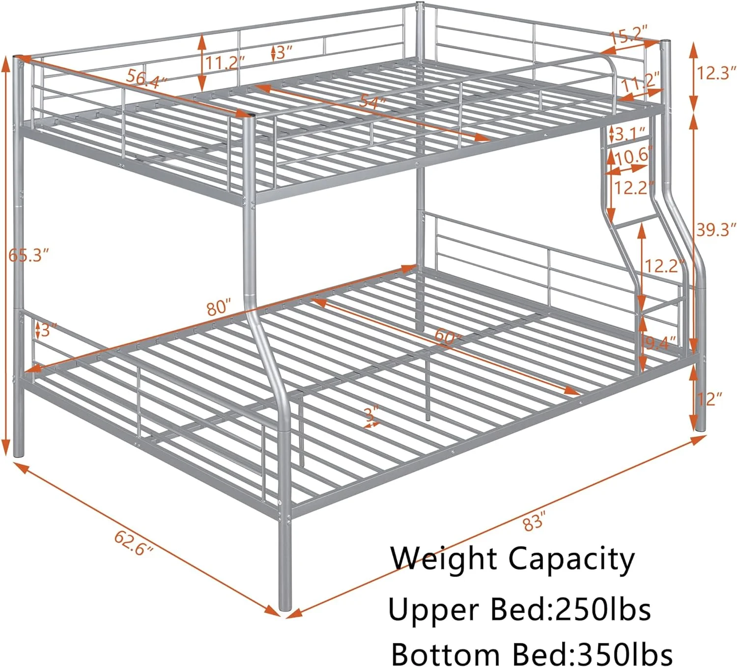 Full XL Over Queen Bunk Bed with Build in Ladder and Guardrail, Convertible Bunk Bed, Heavy Duty Metal Bunk Bed Full XL Over Queen Size Bunk Bed, Bunk Bed for Kids, Teens, Adults