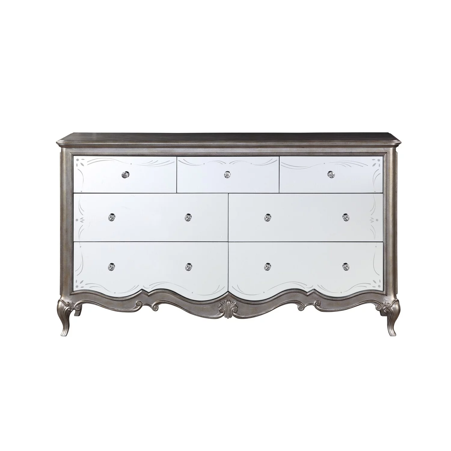 Benjara Dresser with Mirror Front and Molded Trim, Antique Silver
