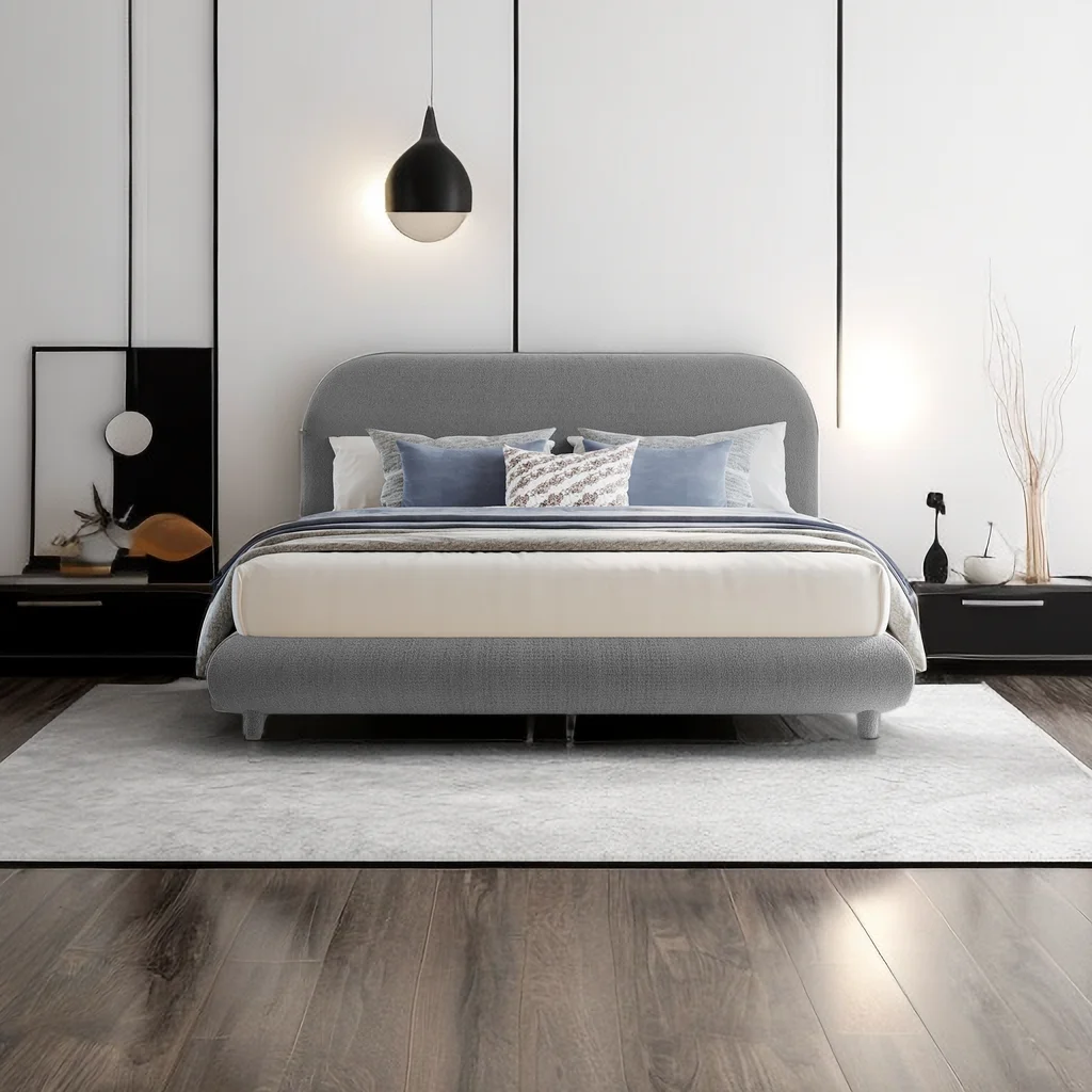 Queen Size Platform Bed with Thick Fabric, Teddy Fleece Upholstered Platform Bed with Curve-Shaped Design Headboard, Solid Wood Bed Frame for Boys Girls Kids Teens Adul