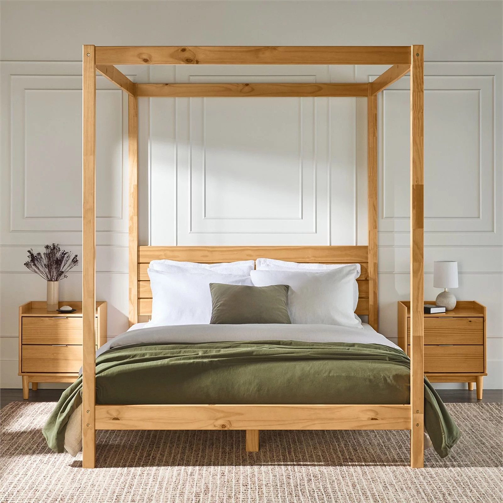 Pemberly Row Solid Wood Minimalist Boho Queen Canopy Bed - Natural Pine