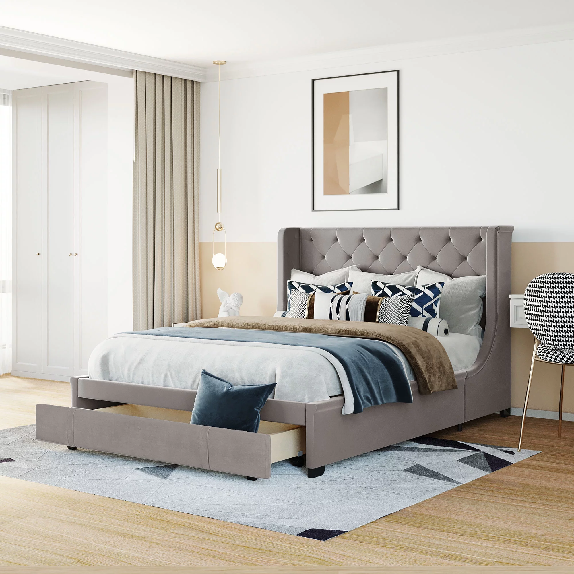 Dcenta GREY Queen Size Storage Bed Upholstered Platform Bed with Wingback Headboard and a Big Drawer