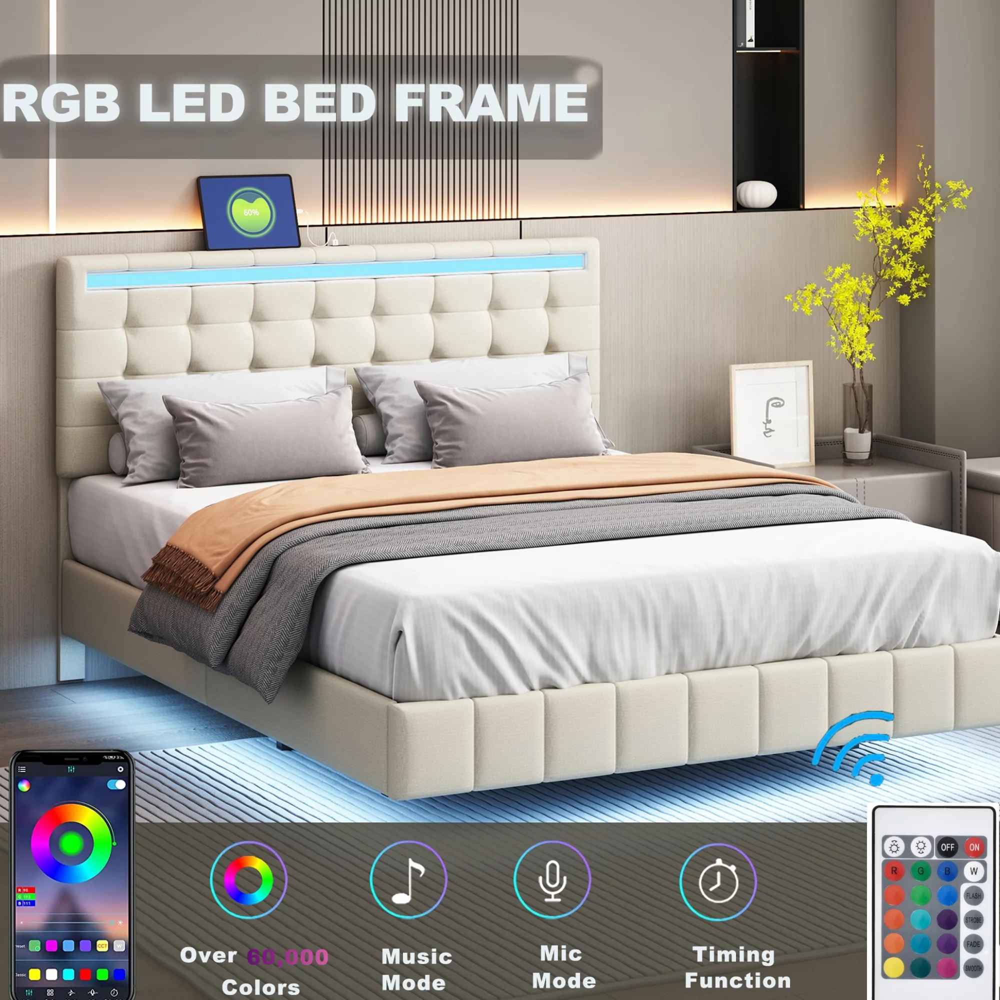 Queen size bed frame with LED lights and USB charging jack, classic modern design for modern, industrial, rustic home decor(White).