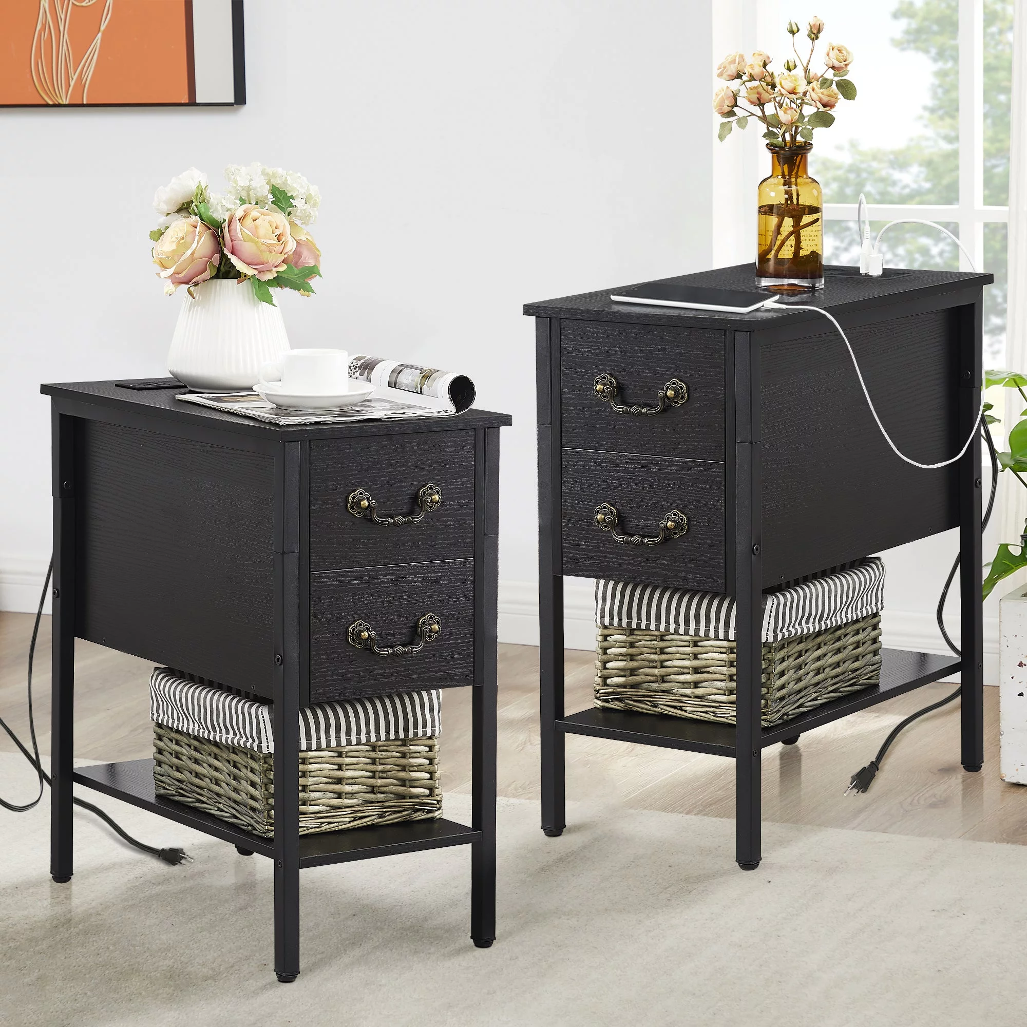 VECELO Set of 2 Nightstand with Charging Station, Tall End/Side Table with 2-Drawer and Storage Shelf, 2 USB Port & 2 Power Outlets, Black