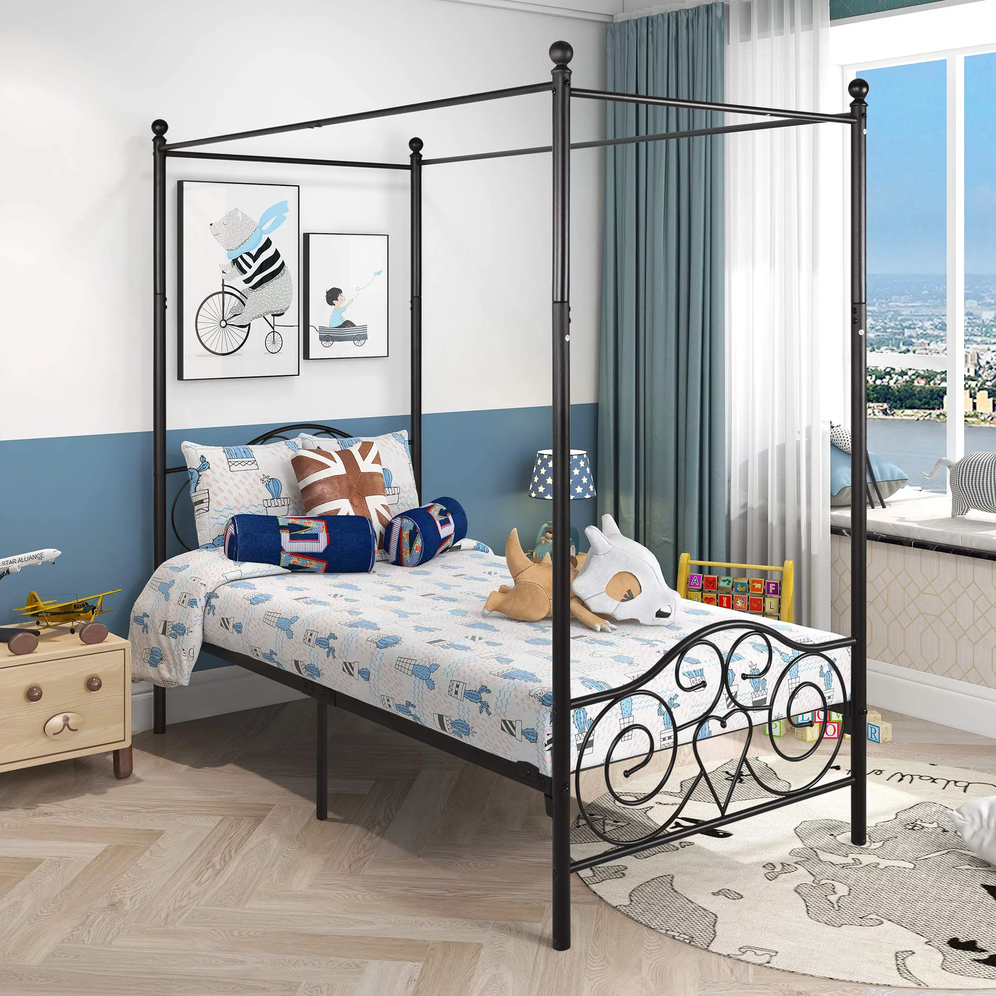 Metal Canopy Platform Bed Frame with Headboard and Footboard, 4-Post Twin size Mattress Foundation, Modern Single Bed Frame, Noise Free, Easy Assembly (Black)