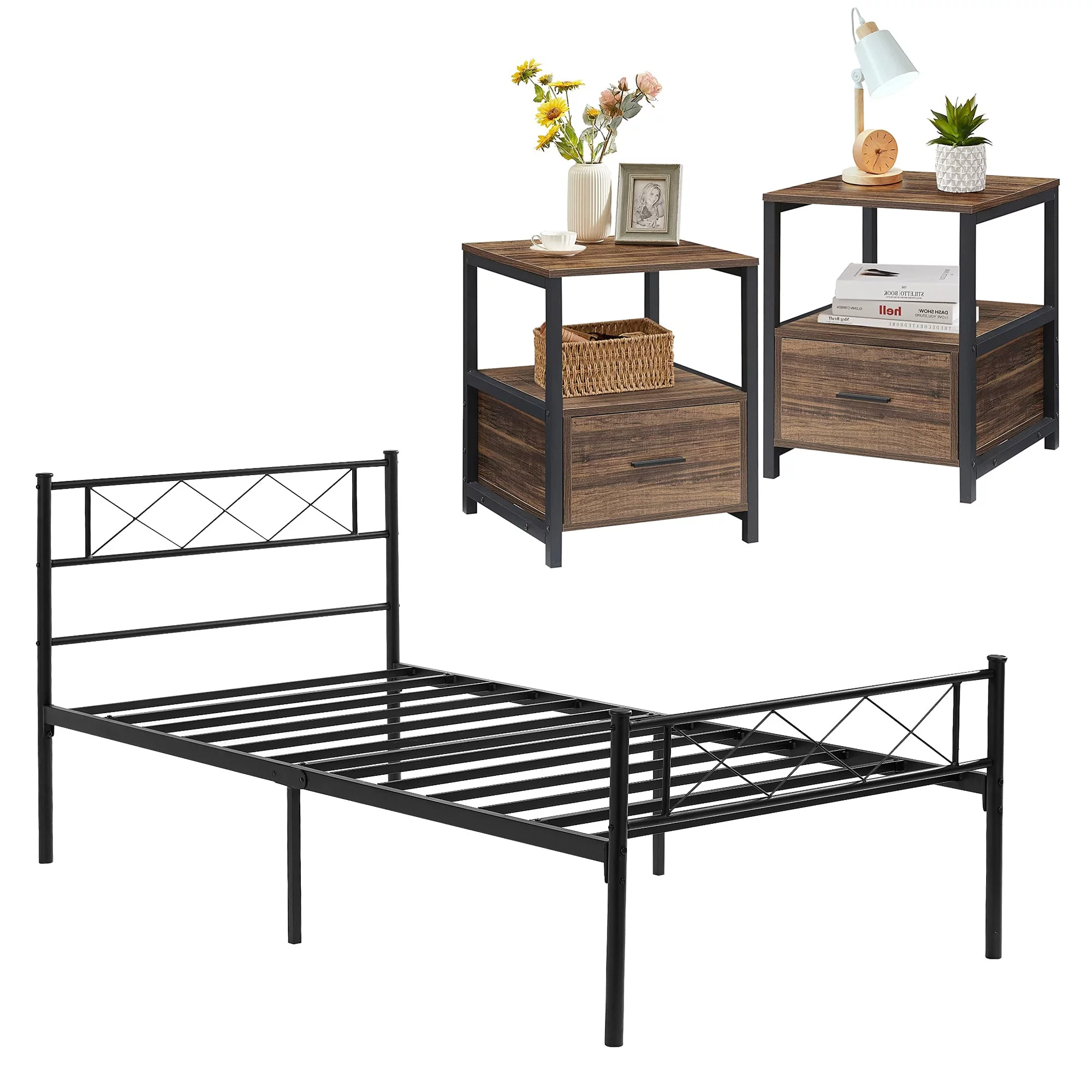 VECELO 3-Piece Modern Bedroom Sets Include Twin Bed Frame + 2 Brown Nightstands