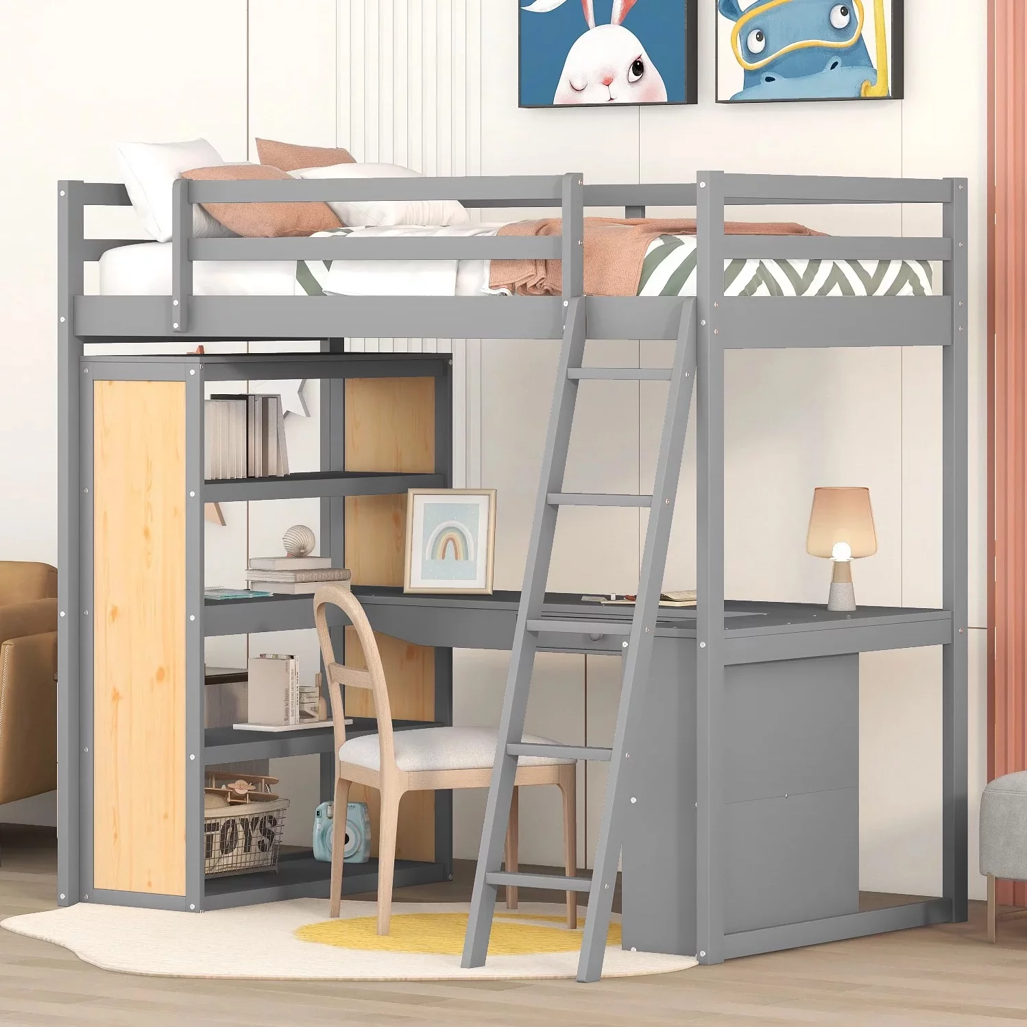 Bellemave Twin Size Loft Bed with Desk and Shelves, Wood Loft Bed Frame with with Storage Drawer, Modern High Loft Bed for Kids Teens Adults (Gray)