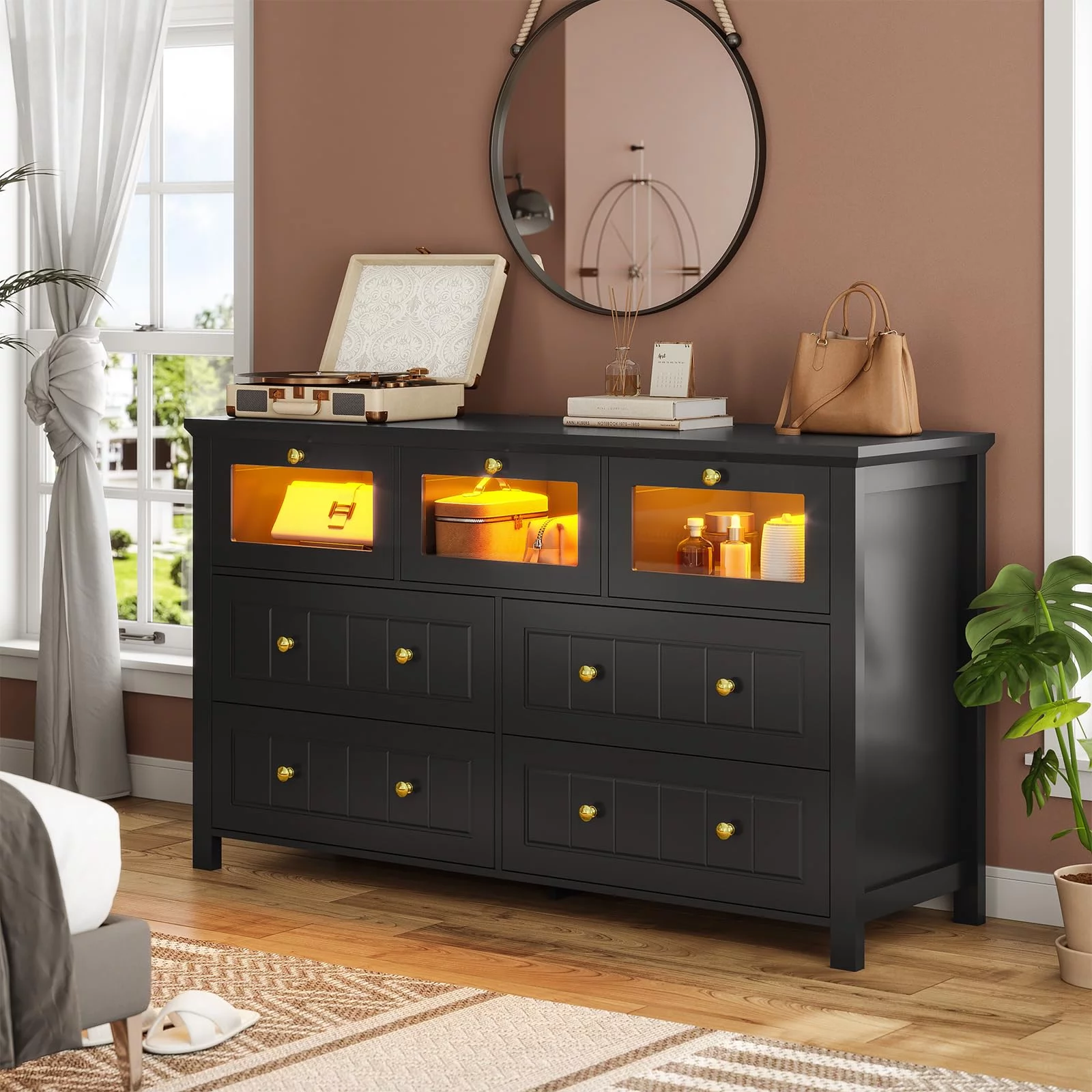 Afuhokles Modern 7 Drawer Dresser for Bedroom with Led Light, Chests of Drawer with Milled Grooves Design, Wide Storage Organizer, Black