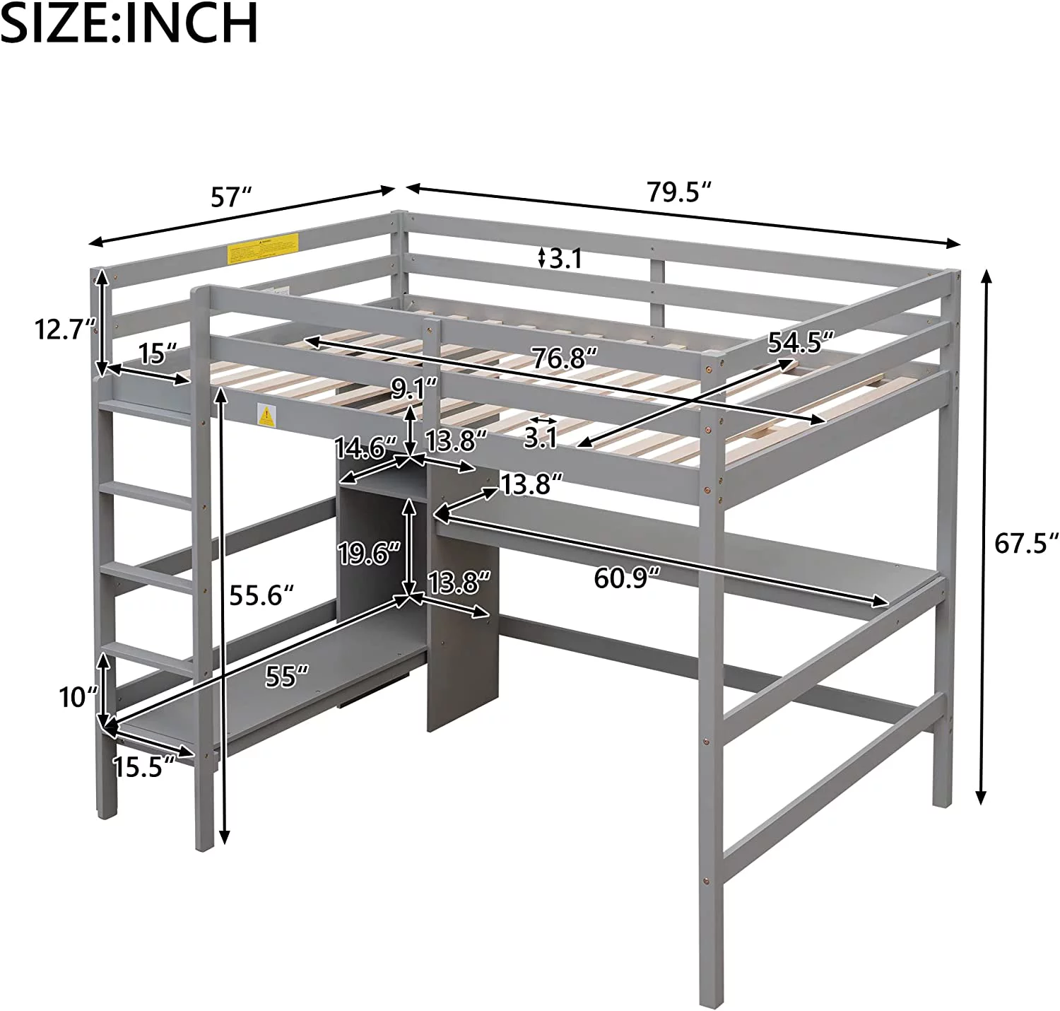 Full Size Loft Bed With Desk, Wooden High Loft Bed Frame With Inclined Ladder And Safety Guard Rails For Kids, Teens, Adults (Grey)
