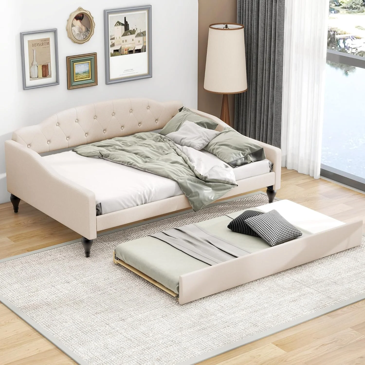 Full Size Lie Upholstered Tufted Daybed Bed With Size Trudle,Sofa Day Bed Frame With Butto Tufted Backrest For Livig Room, Bedroom, Guestroom,Beige