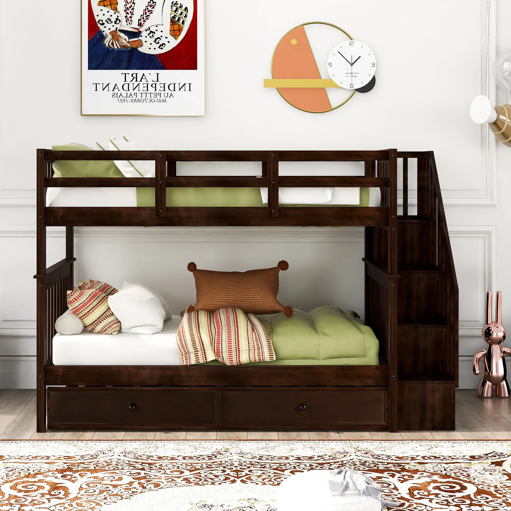 Dcenta Stairway Twin-Over-Twin Bunk Bed with Twin size Trundle for Bedroom, Dorm, Adults, Espresso