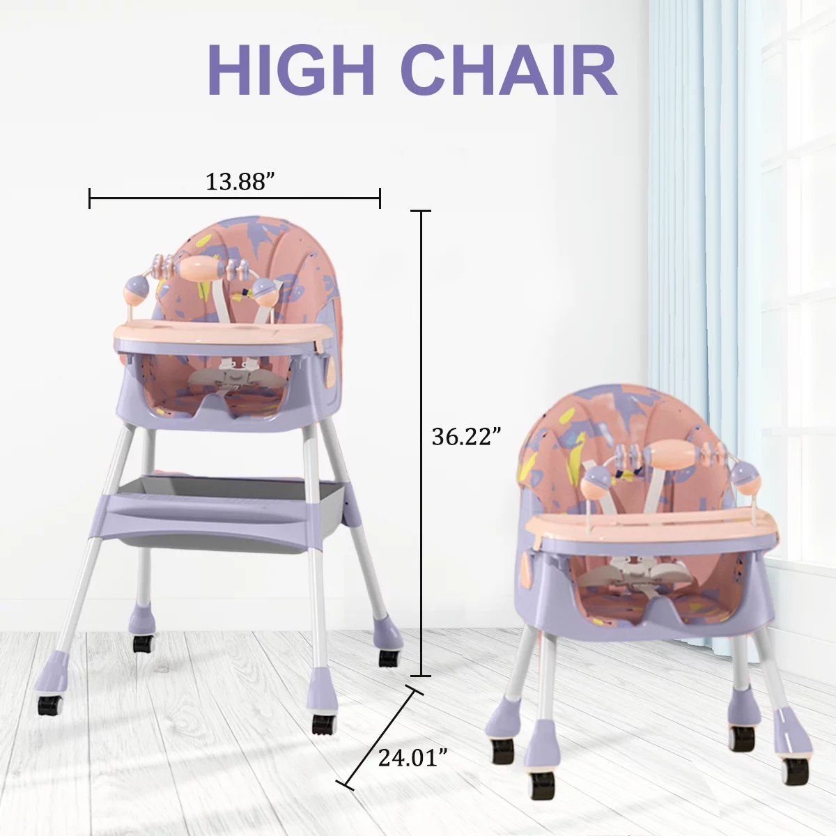 EONROACOO Baby Highchair with 5-point Snap Button, High Chair for Babies with Double-Layer Tray and Toys, Purple