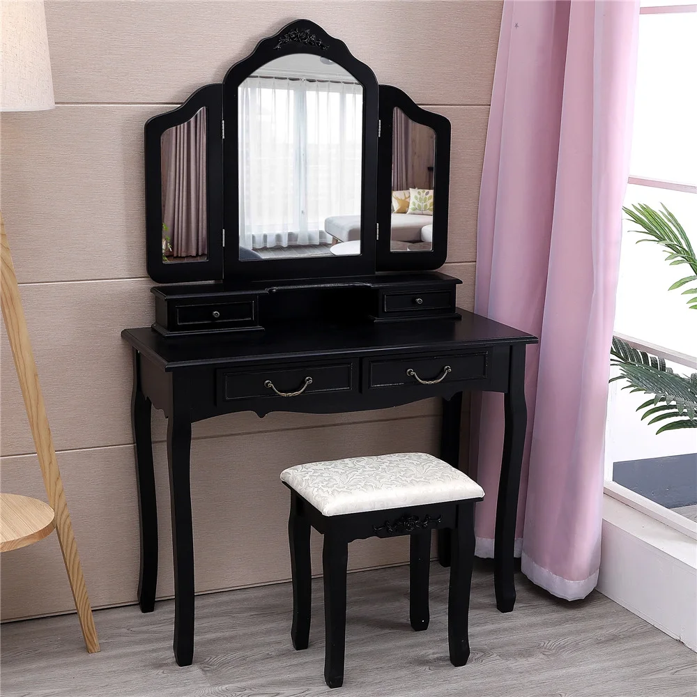 Ktaxon Trifold Mirrors Makeup Vanity Table Set Vanity Beauty Station w/Cushioned Stool 4 Drawer & Mirror Wood Desk Black