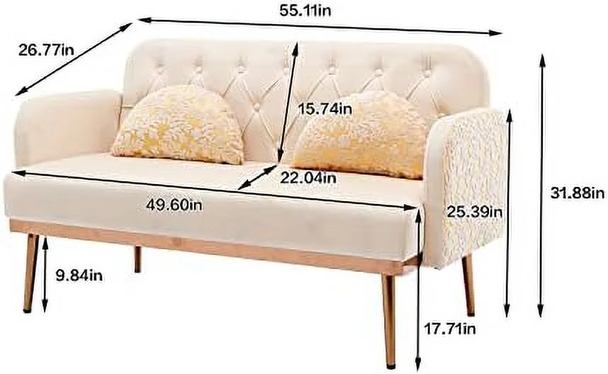 GEROBOOM 55-inch Small Velvet Couch with Elegant  Shape Pillows  Twin Size Loveseat Accent Sofa with Golden Metal Legs  Living Room Sofa with Tufted Backrest  600 Pounds Weight Capacity