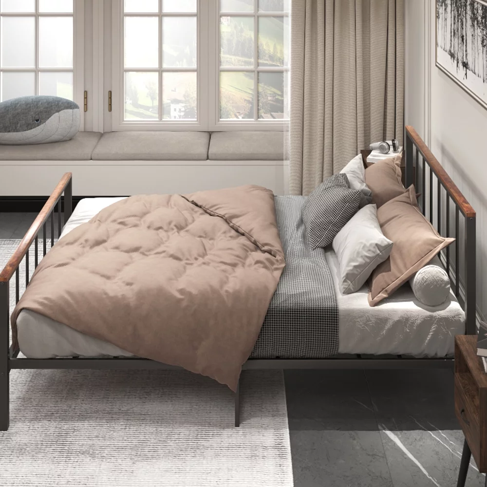Fangsheng Queen Size Bed Frame, Metal Platform Bed Frame with Wooden Headboard and Footboard, Strong Support, No Box Spring Needed, Black
