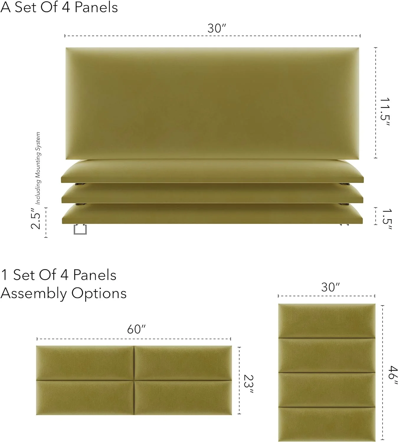 Upholstered Headboards - Accent Wall Panels - Velvet Olive Moss - Queen/Full - Set Of 4 Panels (Each Individual Panel 30