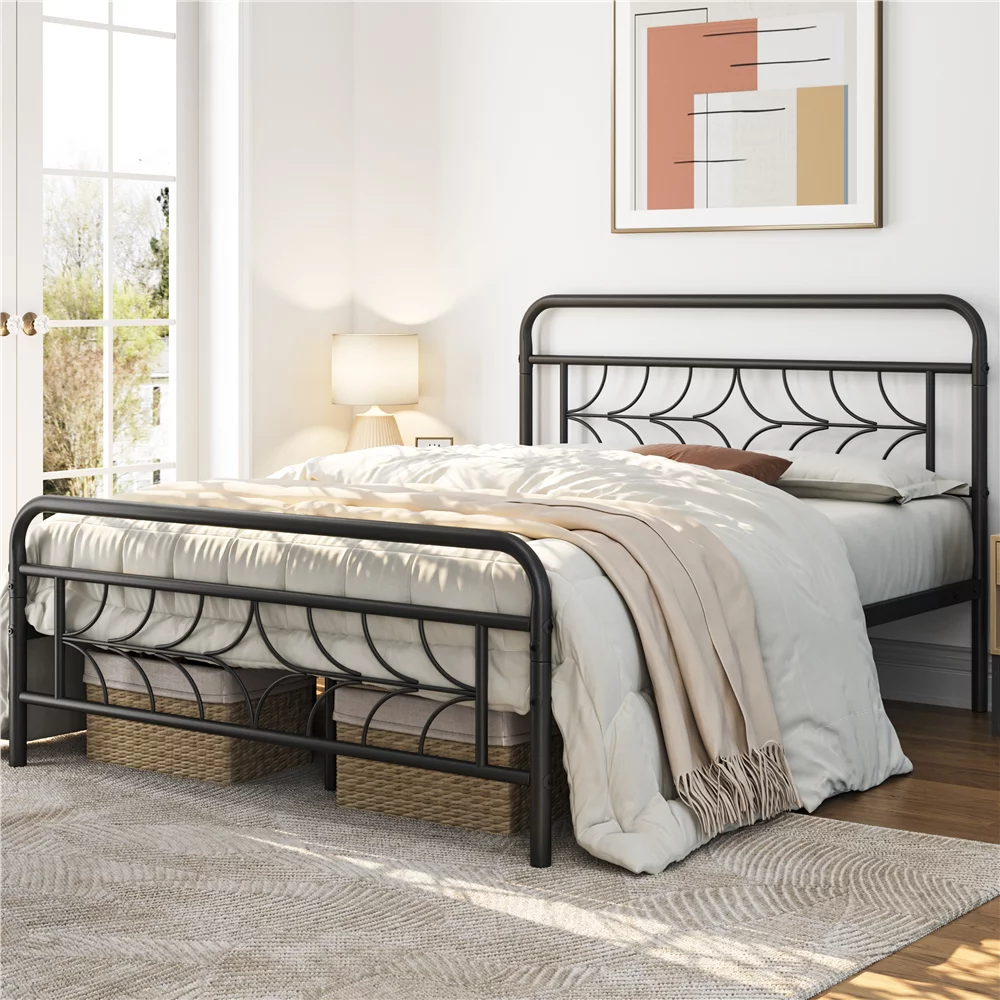 Topeakmart Modern Full Size Metal Bed with Headboard and Footboard, Black