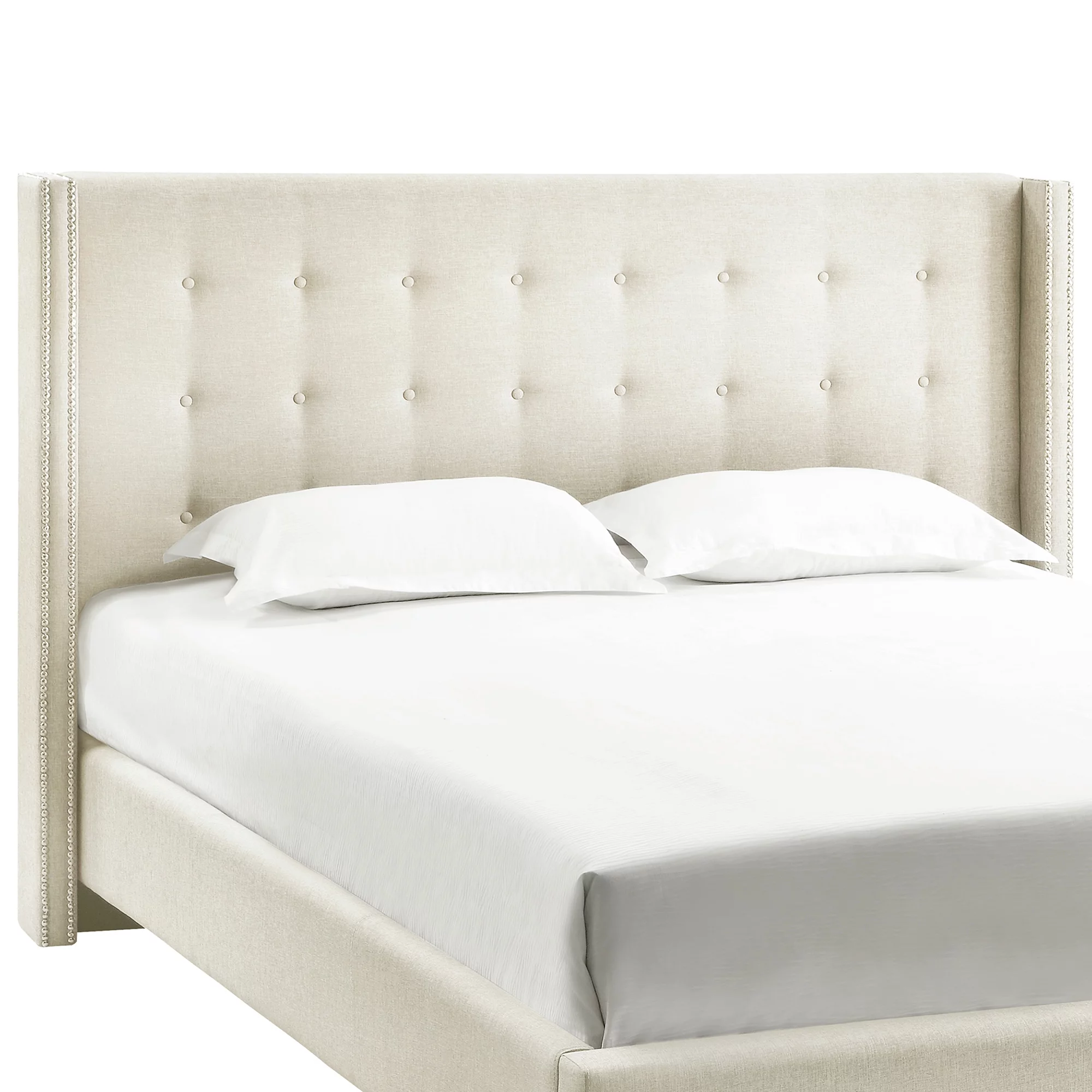Weston Home Curtis I Upholstered Queen Bed with Wingback Nailhead Headboard, Cream White