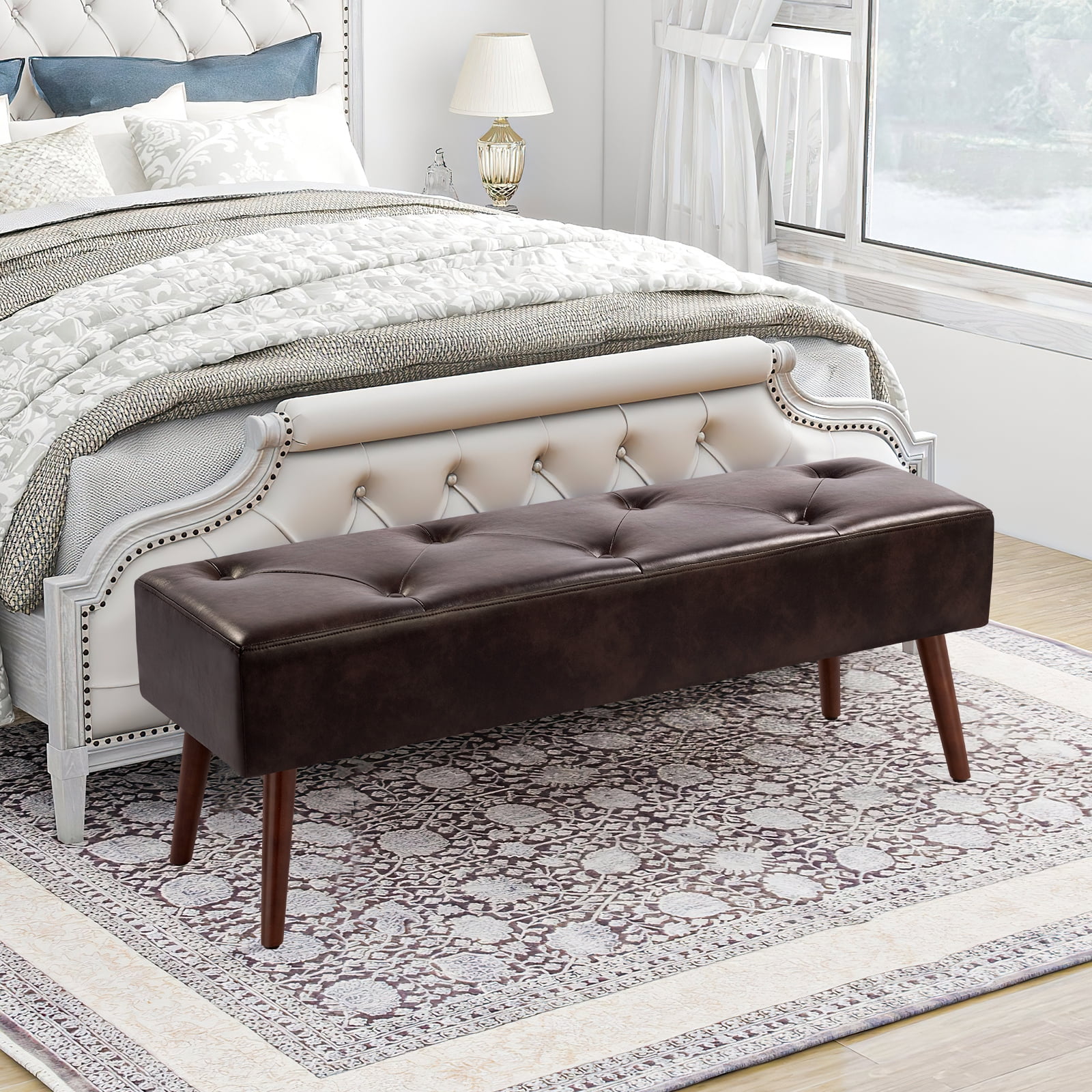 Furniliving Long Entryway Bench Frame Bedroom Ottoman Upholstered Bench,BlackBrown