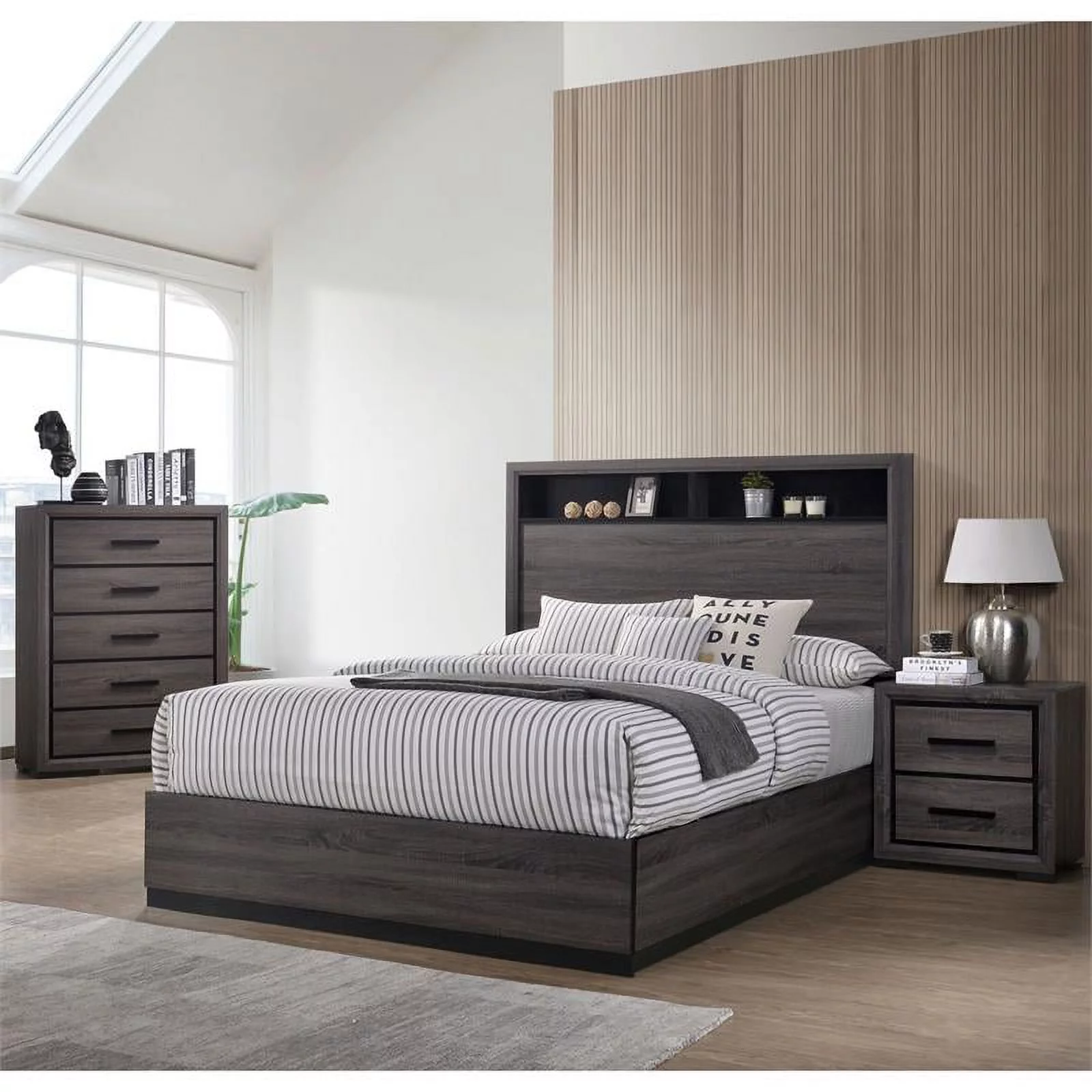 FOA Drummond 3-Piece Gray Wood Panel Bedroom Set- King + Nightstand + Chest