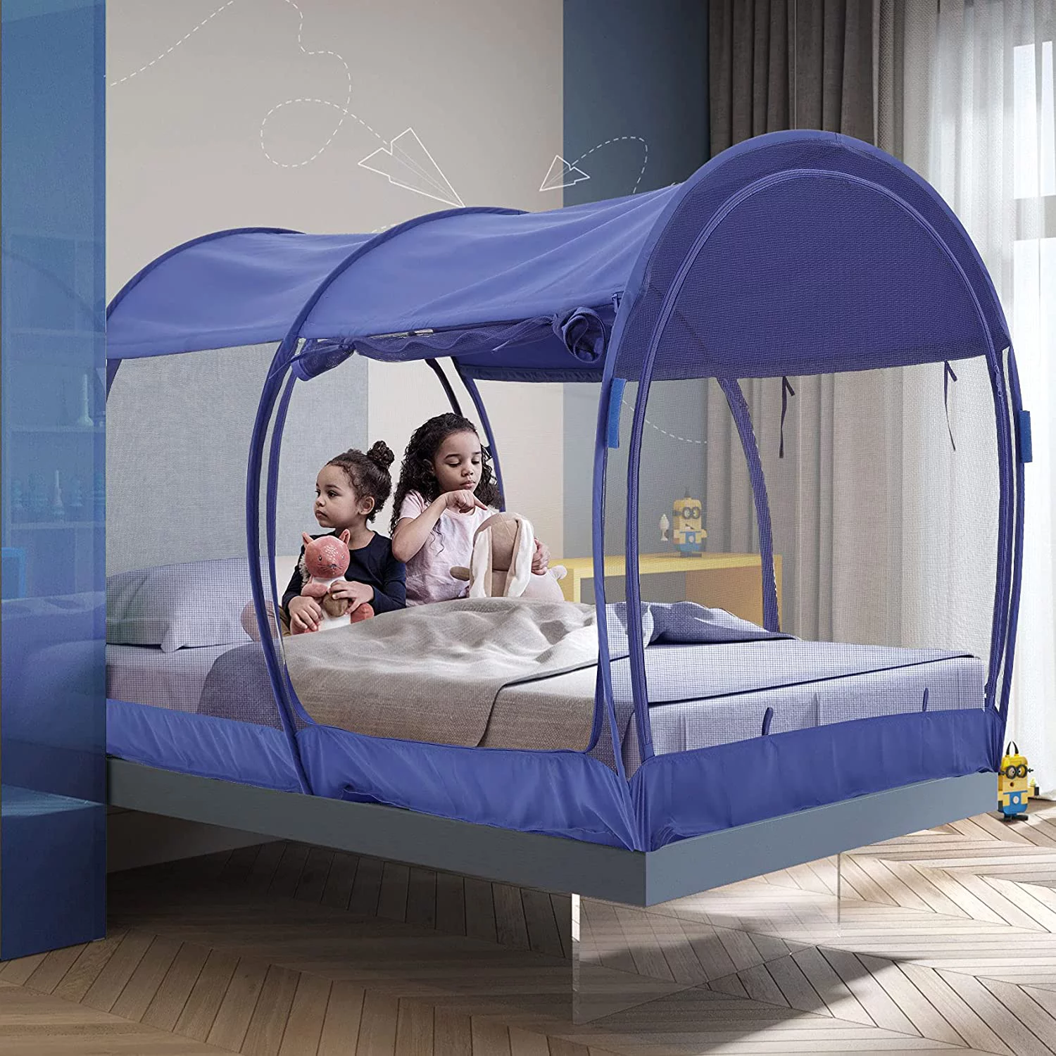 Bed Canopy Tent Privacy Pop Mosquito Net Indoor Twin Size Blue Unisex