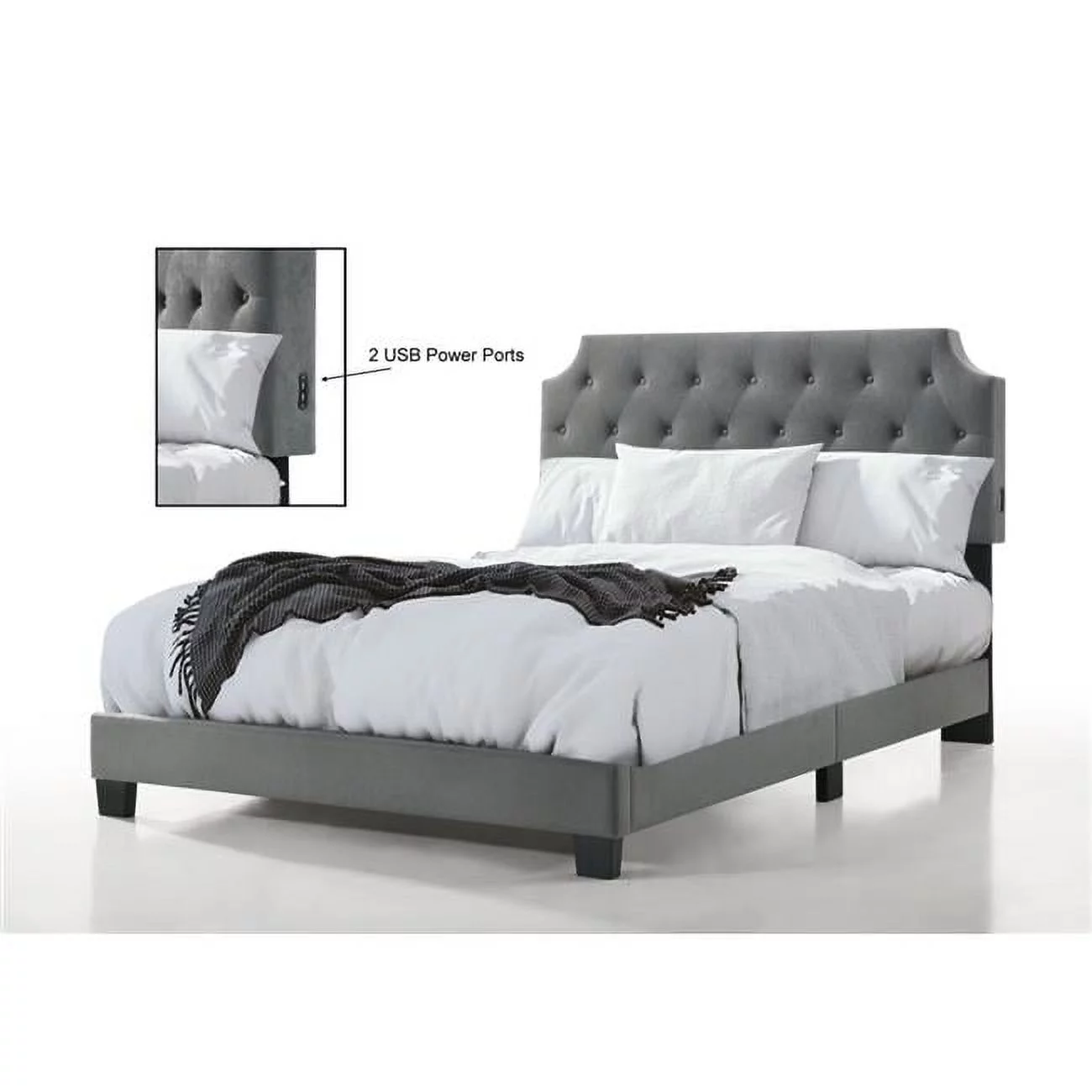 Belle Isle Furniture Regal Tufted Full Size Bed with USB Power Connection - Grey
