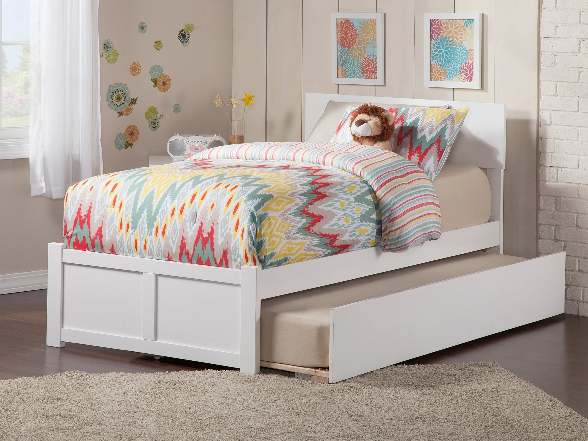 Orlando Twin Platform Bed with Flat Panel Foot Board and Twin Size Urban Trundle Bed in White
