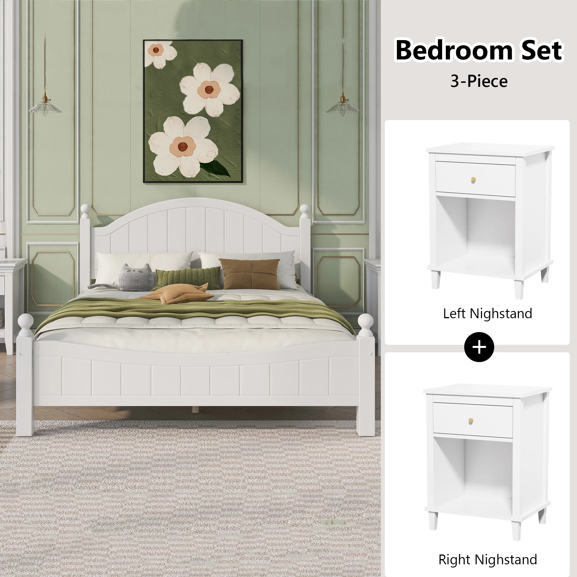 Bellemave 3 Pieces Full Bedroom Furniture Set with Wood Full Size Platform Bed and 2 Nightstands in White