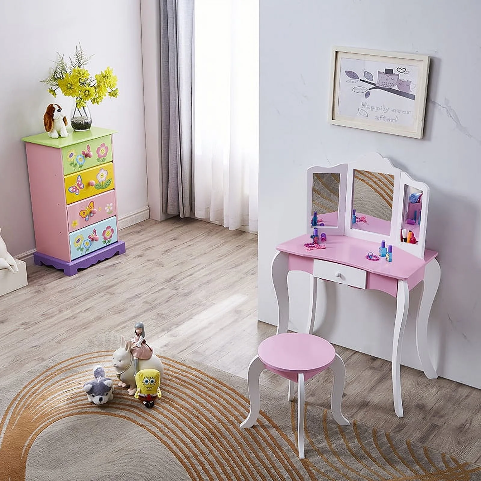 iRerts Kids Vanity Set with Mirror Girls Vanity Table Princess Makeup Dressing Table, Kids Furniture, Girls Vanity Set with Mirror, Pink