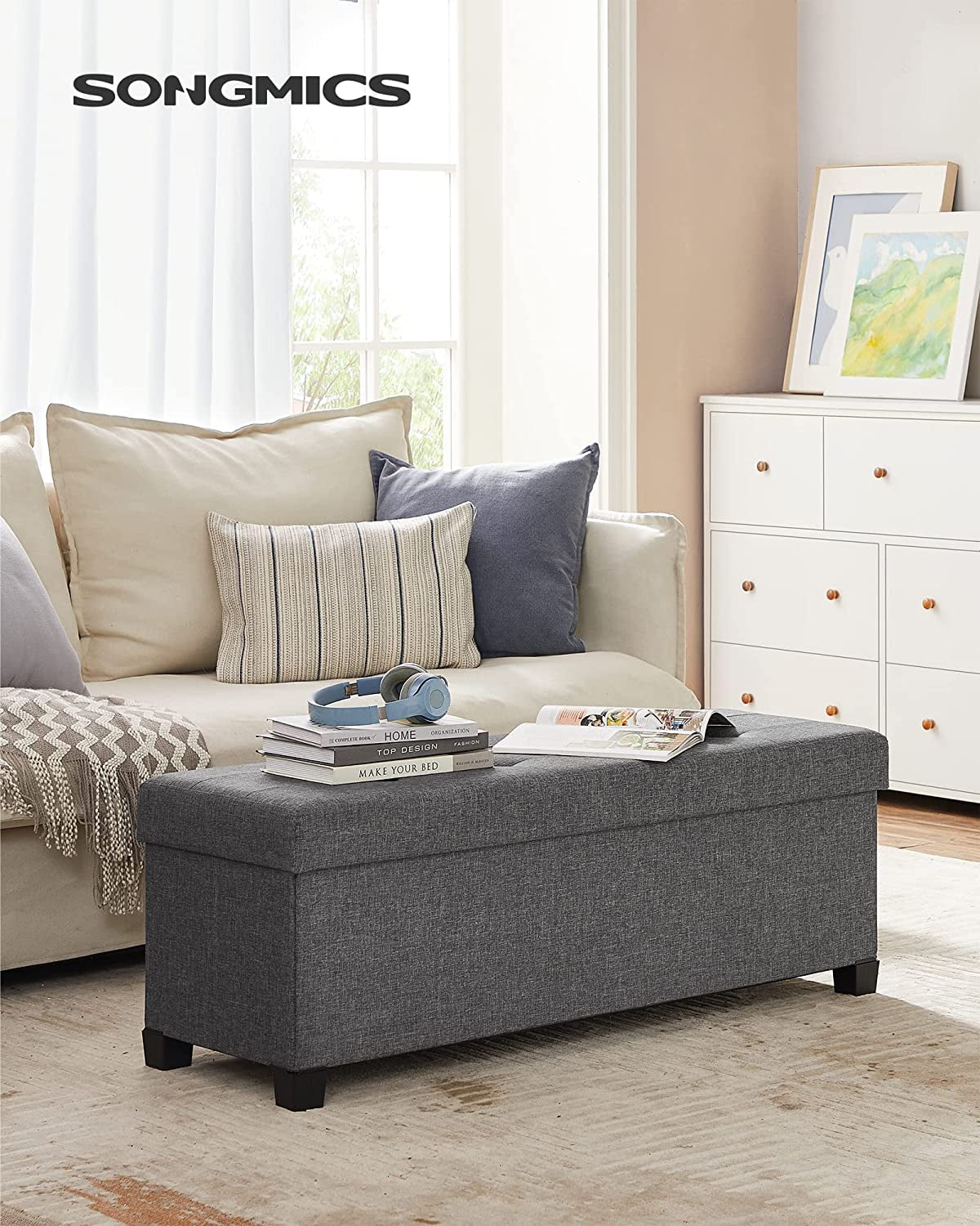 SONGMICS Storage Ottoman Bench Ottoman with Storage Bed Bench Coffee Table Holds Up to 660 lb 43.3