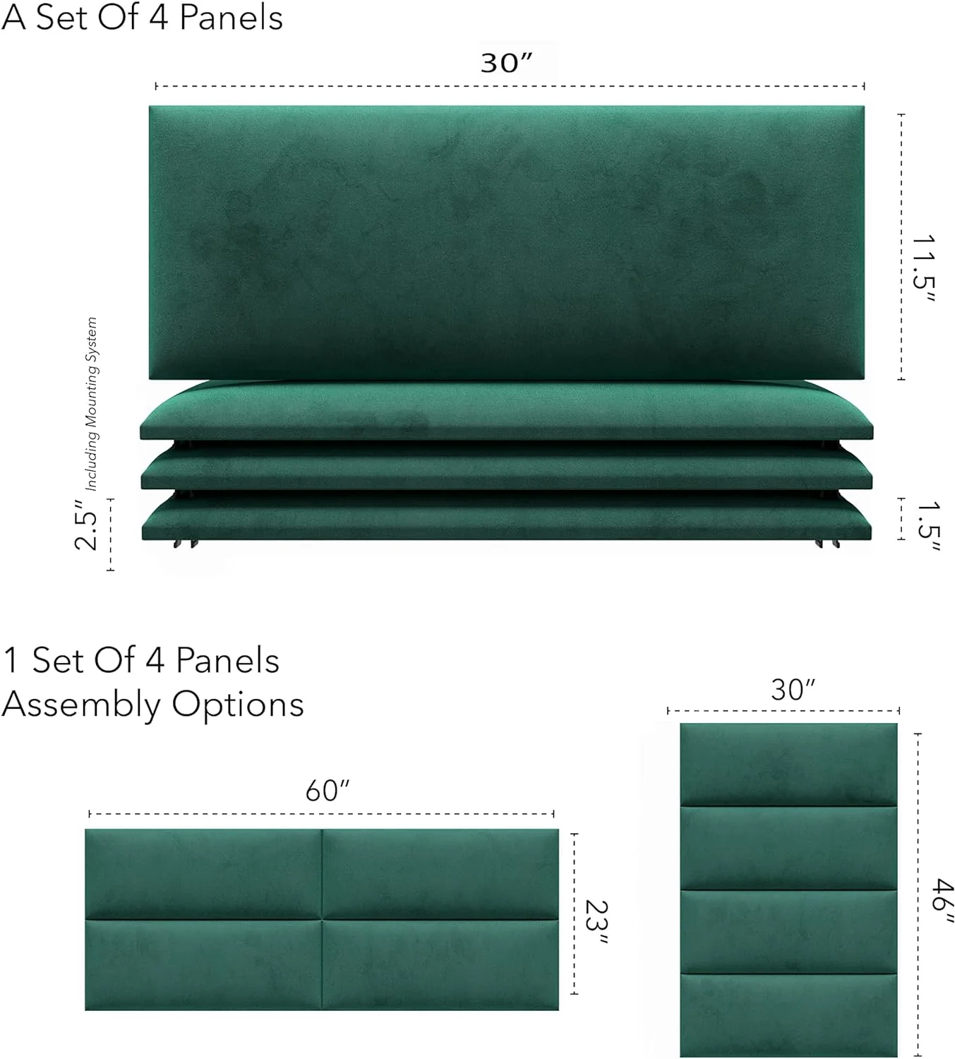 Upholstered Headboards - Wall Panels - Velvet Emerald Green - Queen/Full - Set Of 4 Panels (Each Individual Panel 30