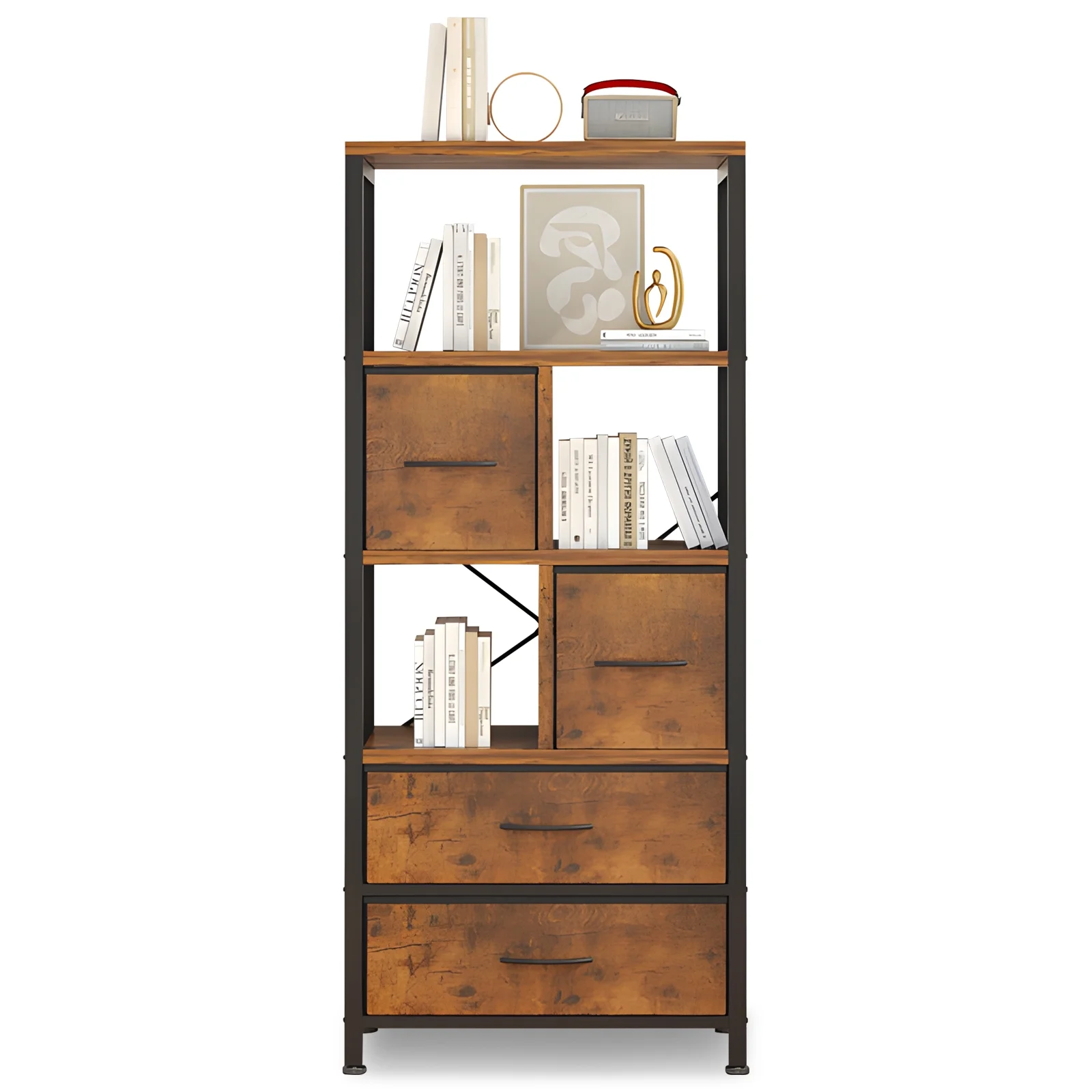 SYTHERS 5 Tier Bookshelf, Bookcase with 4 Drawers Shelves, Tall Book Shelf Book Case for Home & Office, Rustic Brown
