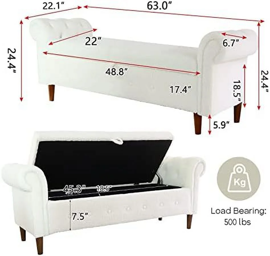 KHBIULIFE 63'' Ottoman Bench End of Bed Button Tufted Ottoman Bench Rolled Armed Ottoman Couch Long Bench for Bedroom Living Room End of Bed Hallway (Beige Cotton)