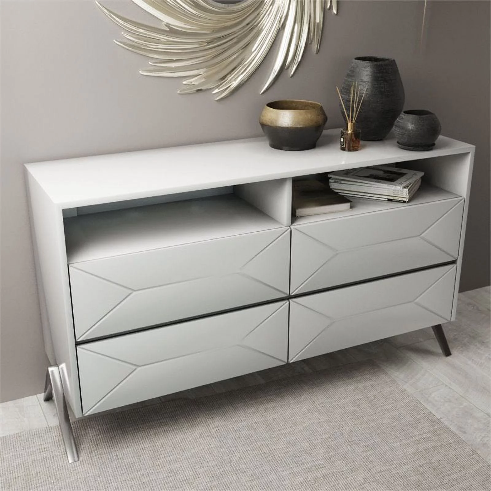 Limari Home Candid Modern MDF Wood and Stainless Steel Bedroom Dresser in White