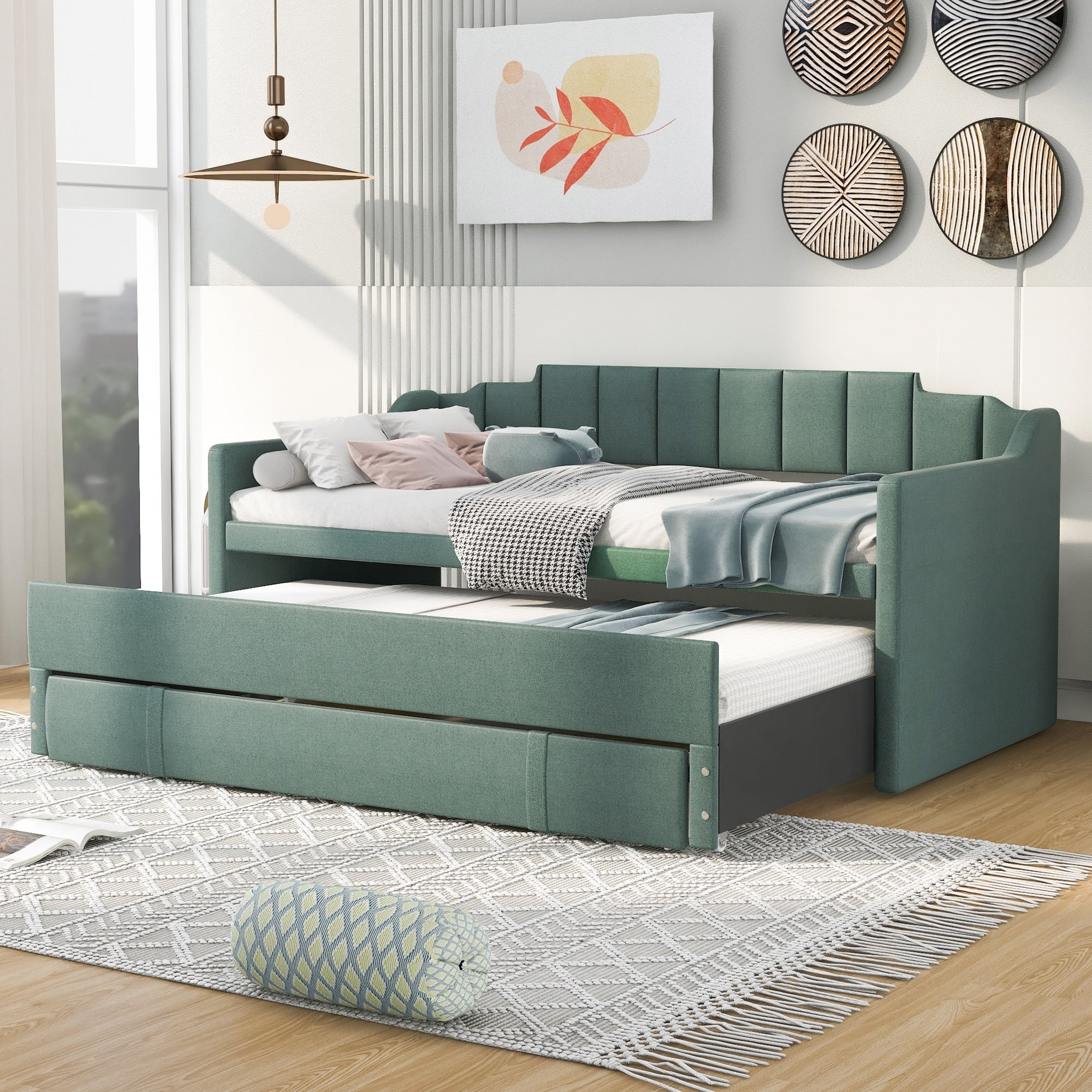 Nestfair  Twin Size Upholstered Daybed with Trundle and Three Drawers Green