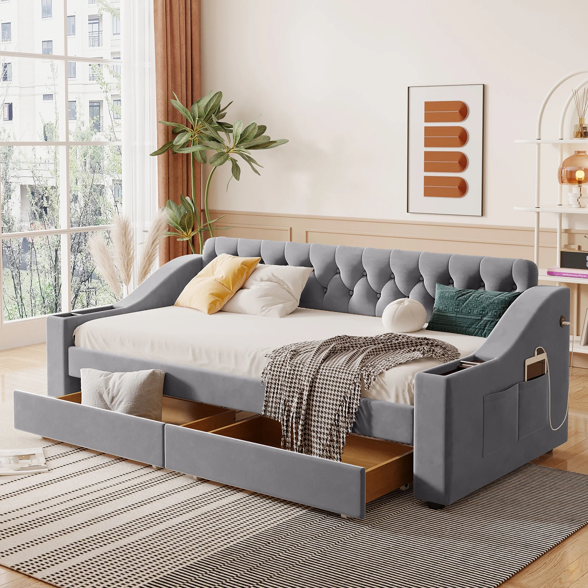CoSoTower Twin Size Upholstered Daybed with Storage Armrests and Usb Port, Gray