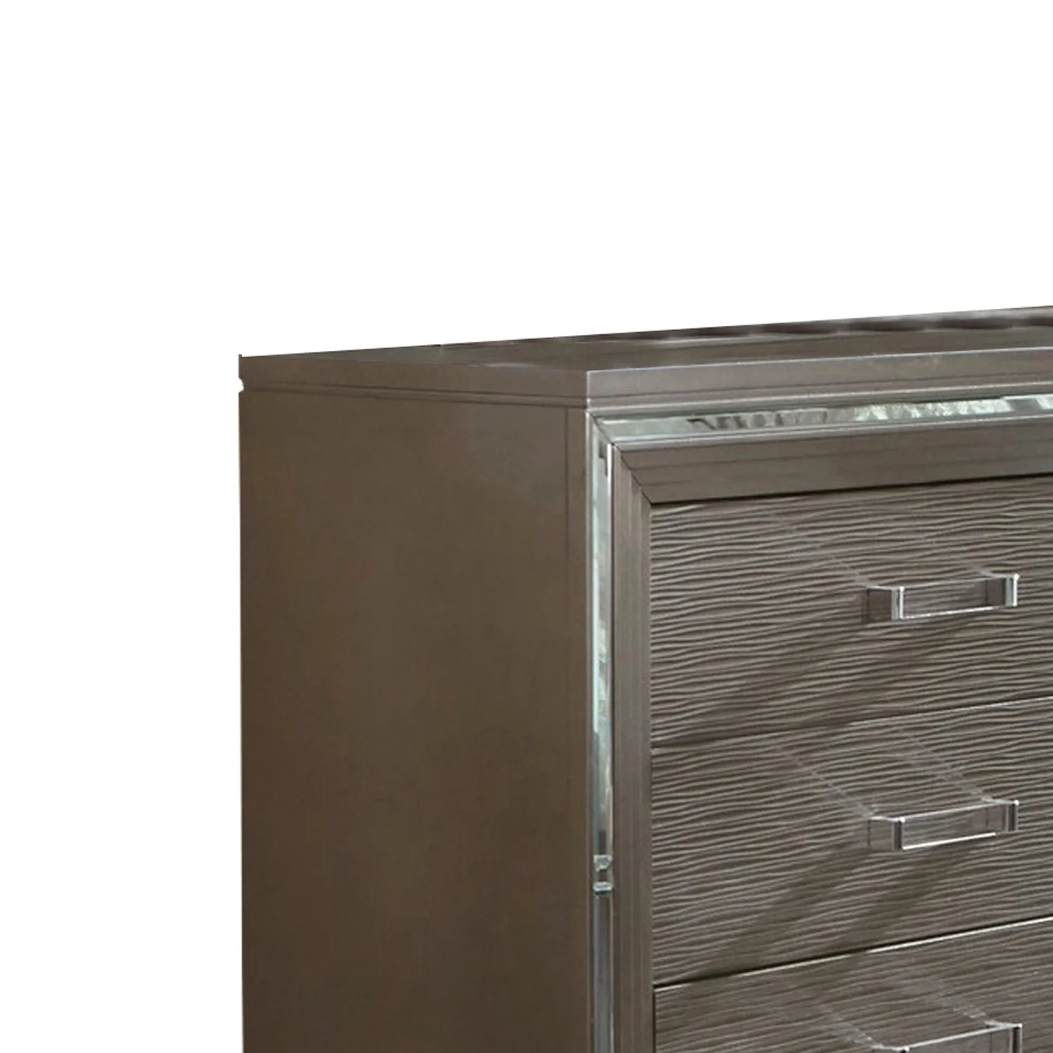 Benjara Textured Front 6 Drawer Dresser with Beveled Mirror Trim, Silver