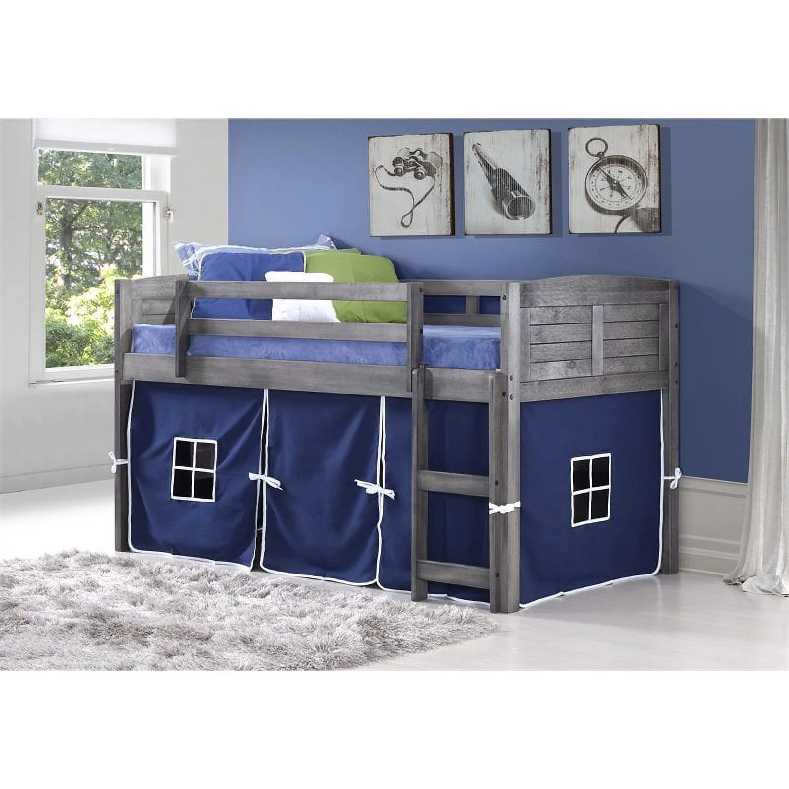 Pemberly Row Twin Solid Wood Low Loft Bed with Blue Tent in Antique Gray