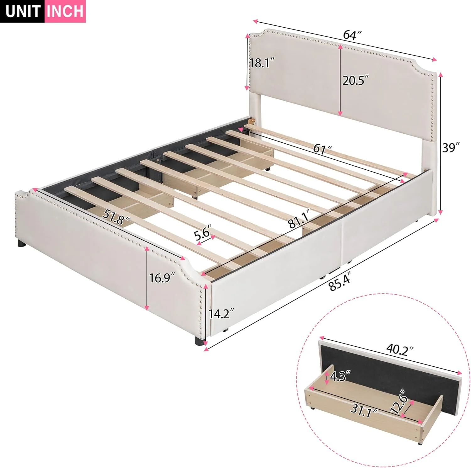 Quee Size Plaform Bed Upholsered Plaform Beds Wih 4 Sorage Drawer & Sud rim Headboard Ad Fooboard Plaform Bed Frame Wih Velve Fabric For Bedroom o Box Sprig eeded (Beige)