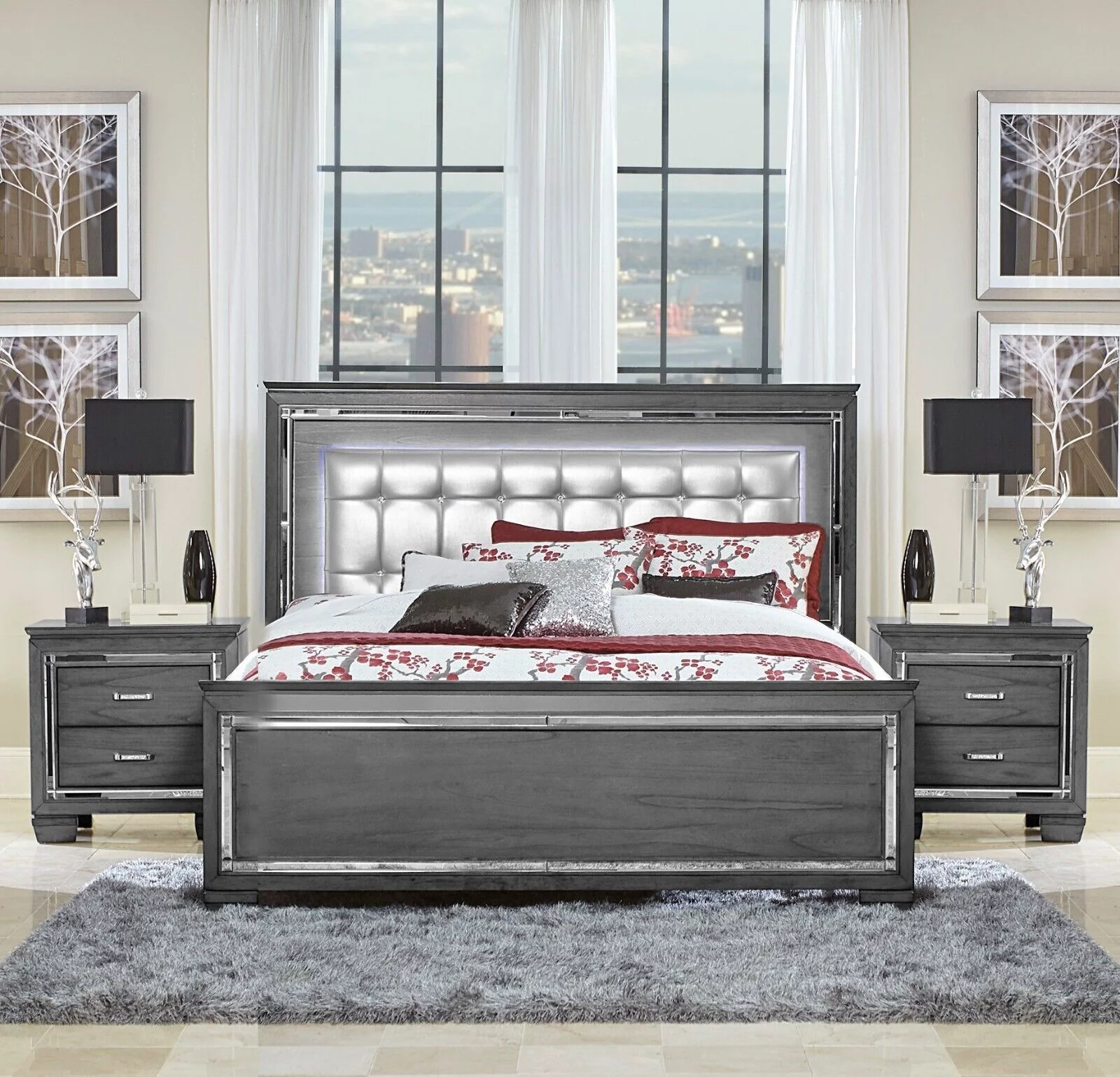 Modern Style Bedroom 3pc Set Queen Size Upholstered LED Headboard Bed Nightstands LED Lighting Wooden Furniture Set