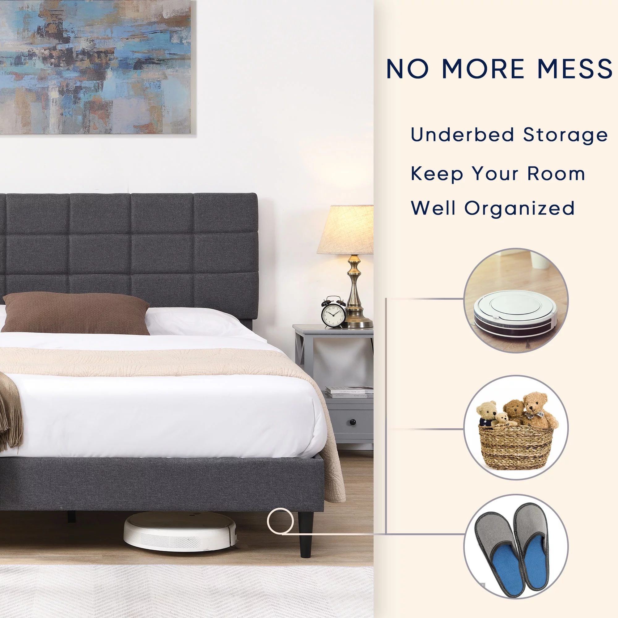 paproos Queen Upholstered Bed Frame, Platform Bed with Fabric Upholstered Headboard, Queen Floor Bed Frame, No Box Spring Needed, Easy Assembly