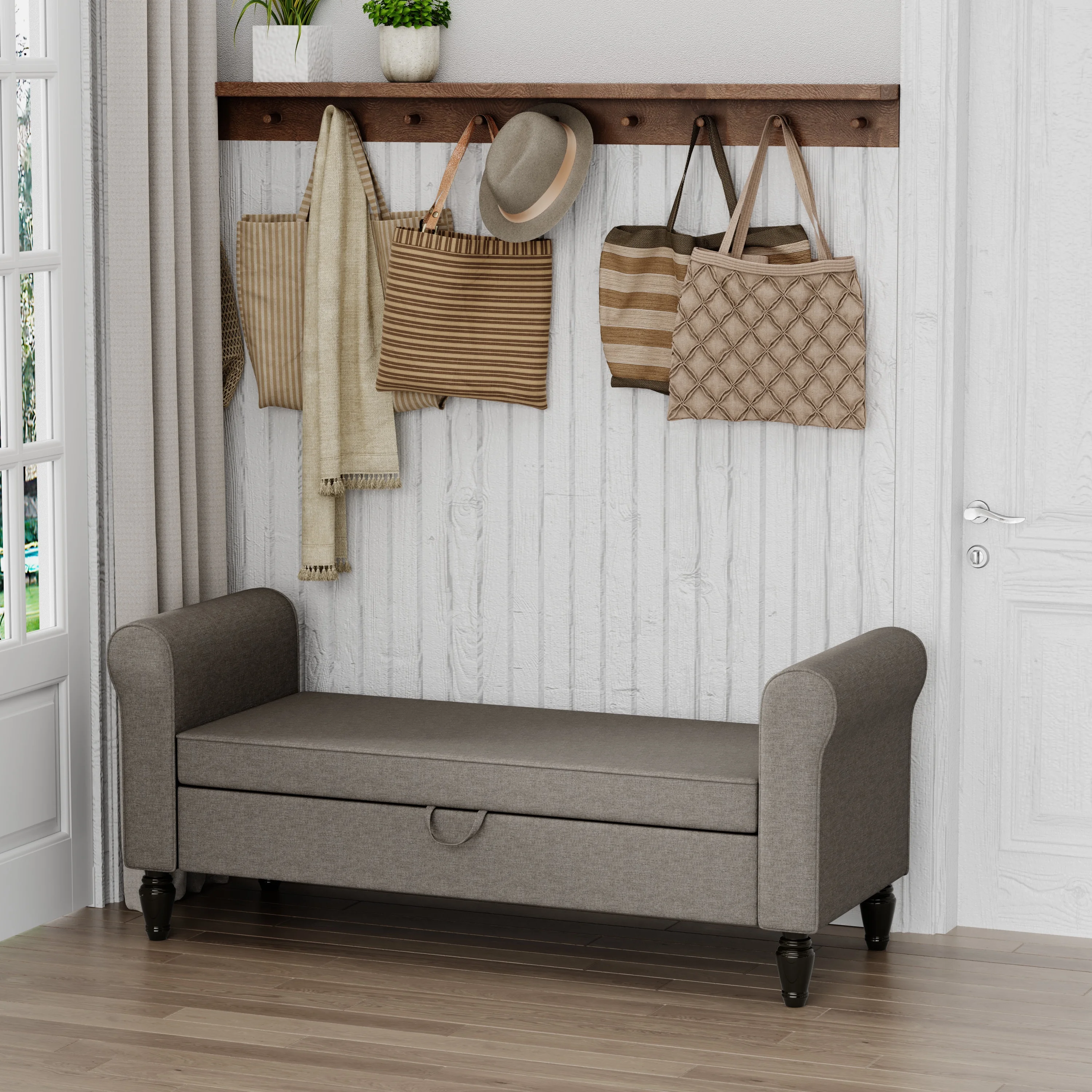 Andeworld Storage Bench with Arms Upholstered Bench Settee for Bedroom Living Room Gray