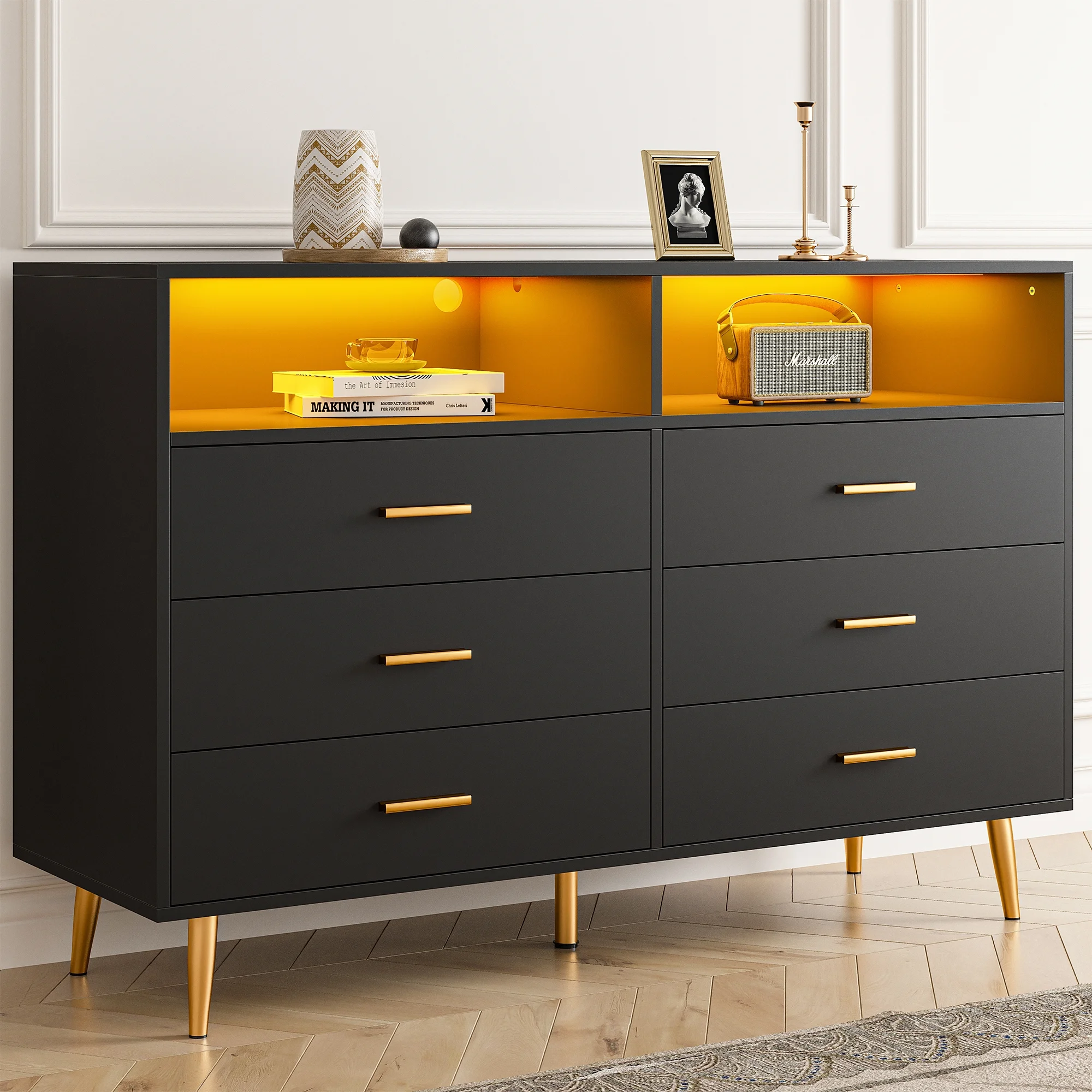 EnHomee Dresser with LED Lights Drawer Dresser with 6 Deep Drawers Wood Dresser for Bedroom TV Stand Dressers & Chests of Drawers Wide Led Dressers,Black