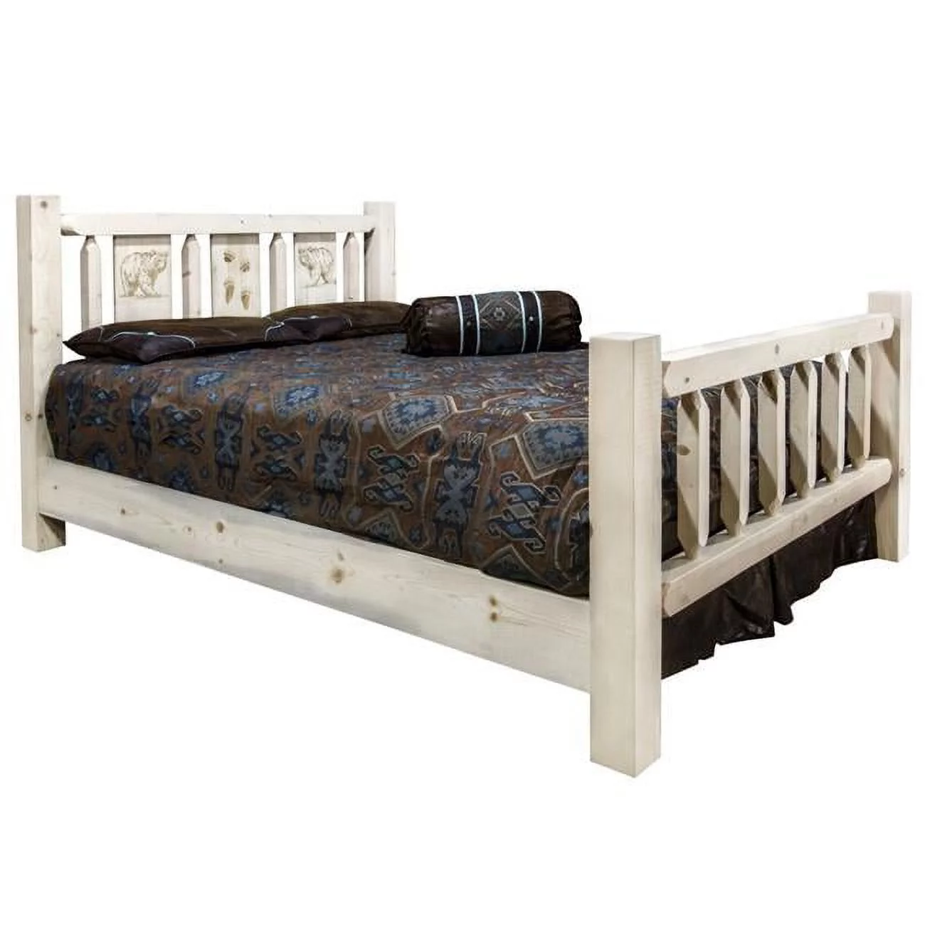 Homestead Collection Queen Size Bed with Laser Engraved Bear Design, Ready to Finish