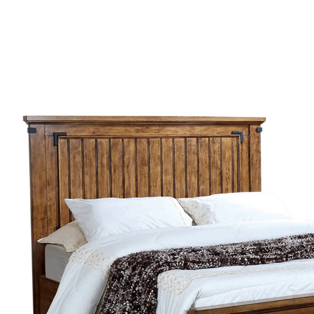 2 Drawers Queen Bed with Plank Detailing and Metal Accents, Brown- Saltoro Sherpi