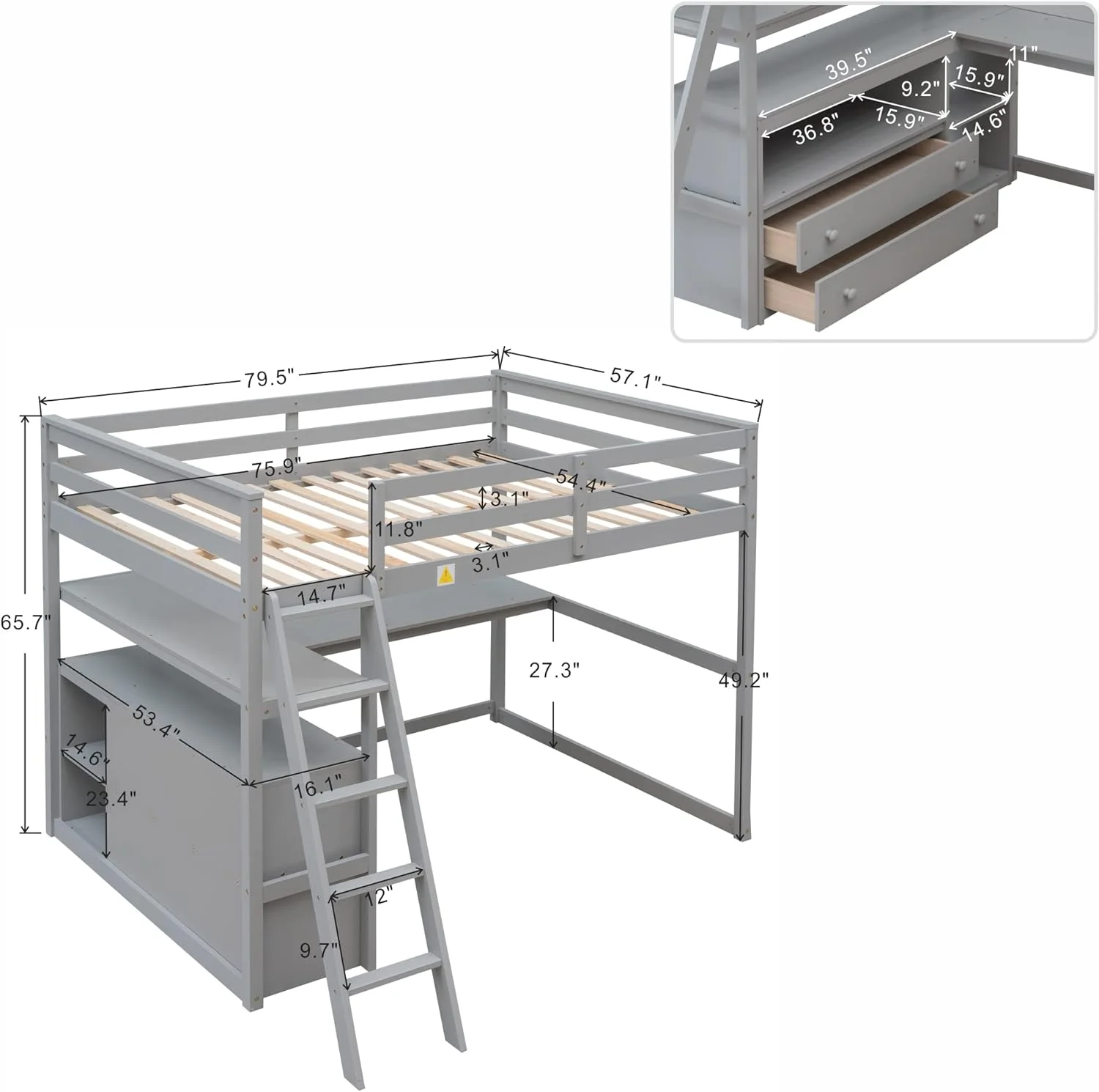 Full Size Loft Bed With Desk And Shelves, Wood Loft Bed With Storage Drawers For Kids Teens Adults, No Box Spring Needed, Gray